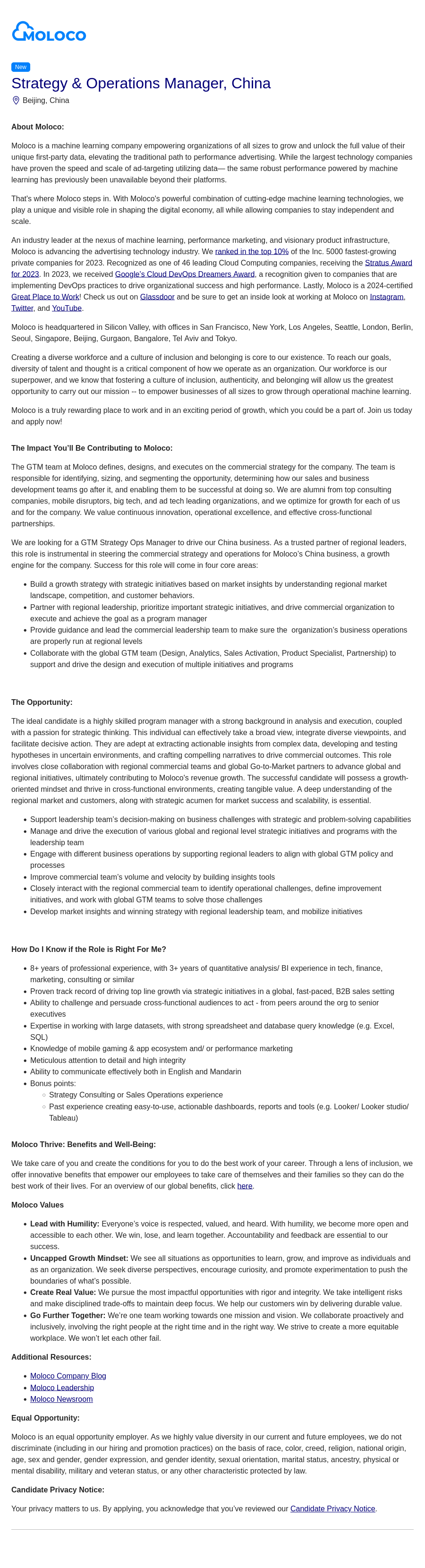 몰로코 Strategy & Operations Manager, China 채용공고