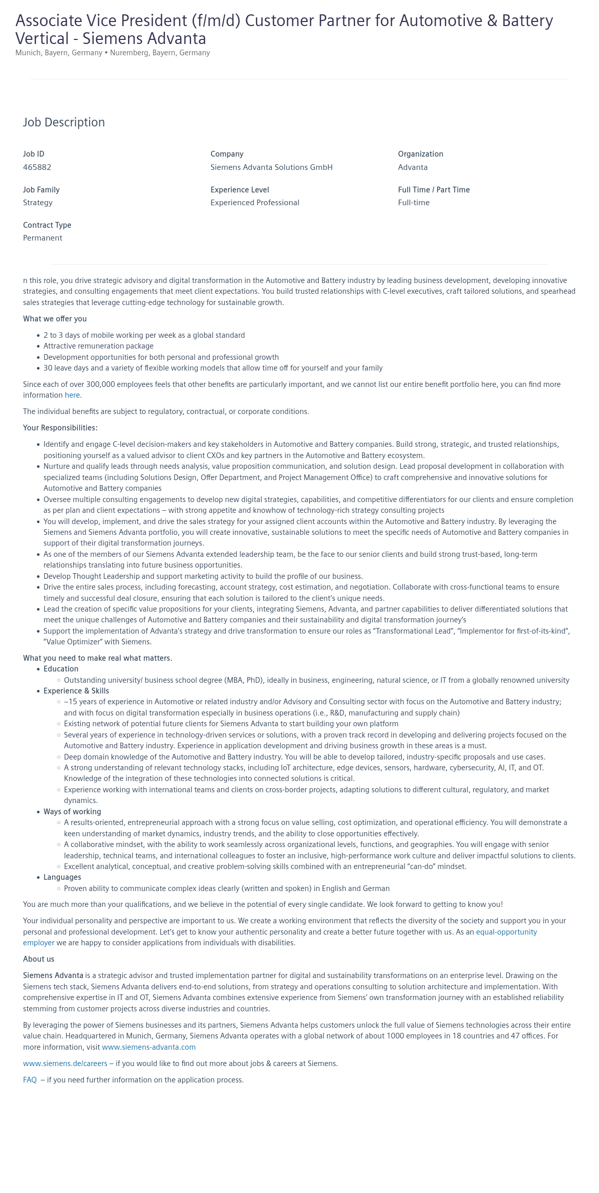 지멘스 Associate Vice President (f/m/d) Customer Partner for Automotive & Battery Vertical 채용공고
