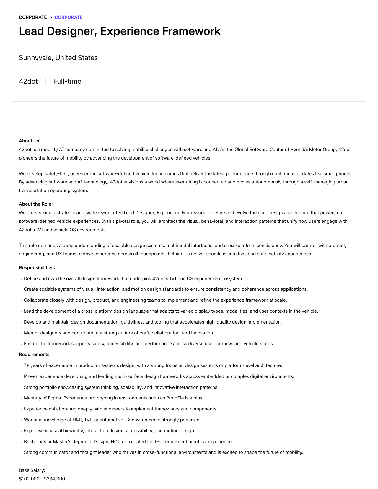 42dot Lead Designer, Experience Framework 채용공고