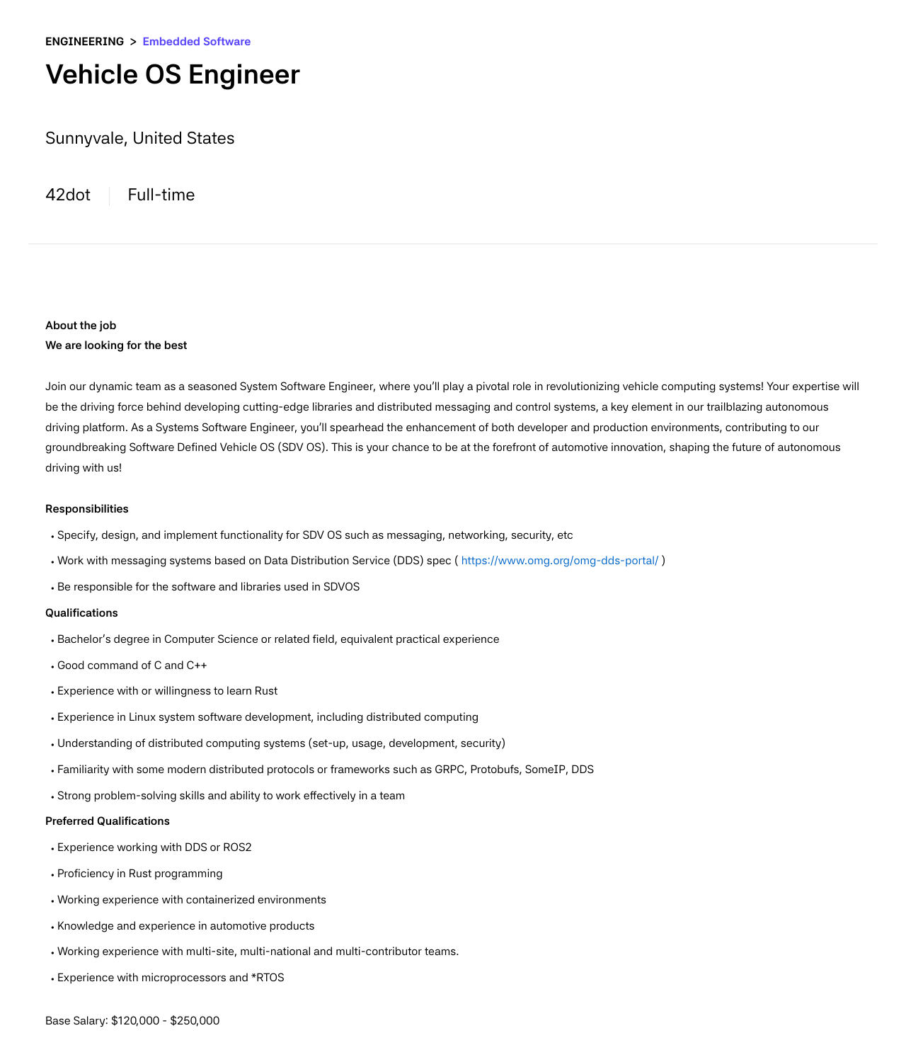42dot Vehicle OS Engineer 채용공고