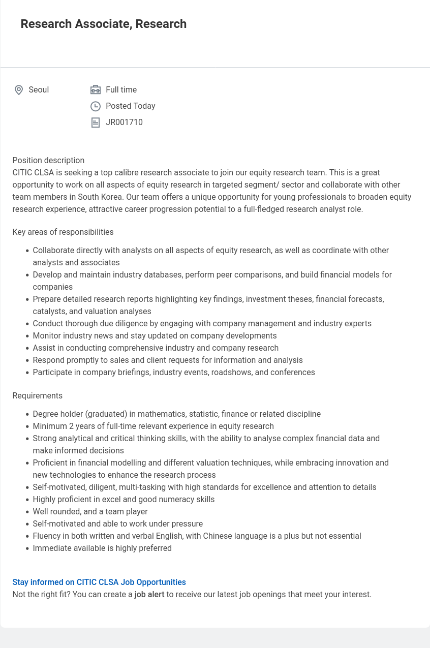 CLSA코리아증권 Research Associate, Research 채용공고