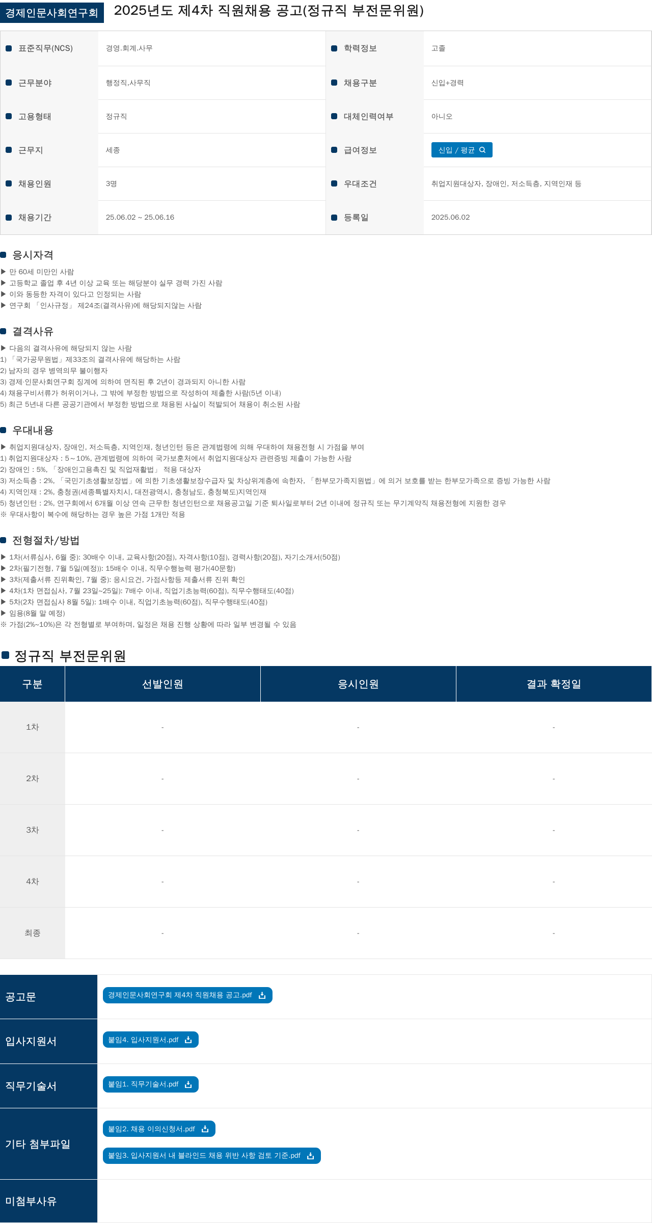 경제인문사회연구회 2025년도 제4차 직원 채용 공고 (정규직 부전문위원) 채용공고