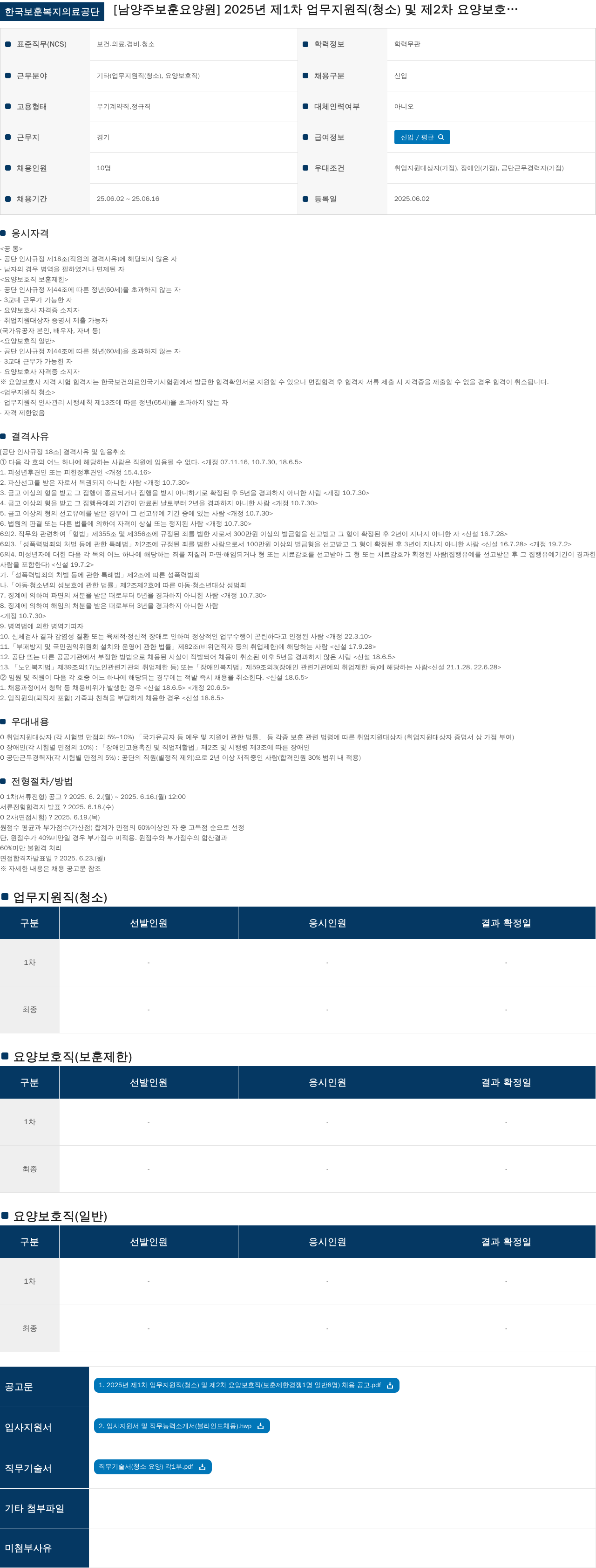 한국보훈복지의료공단 2025년 제1차 업무지원직(청소) 및 제2차 요양보호직 채용 공고 채용공고