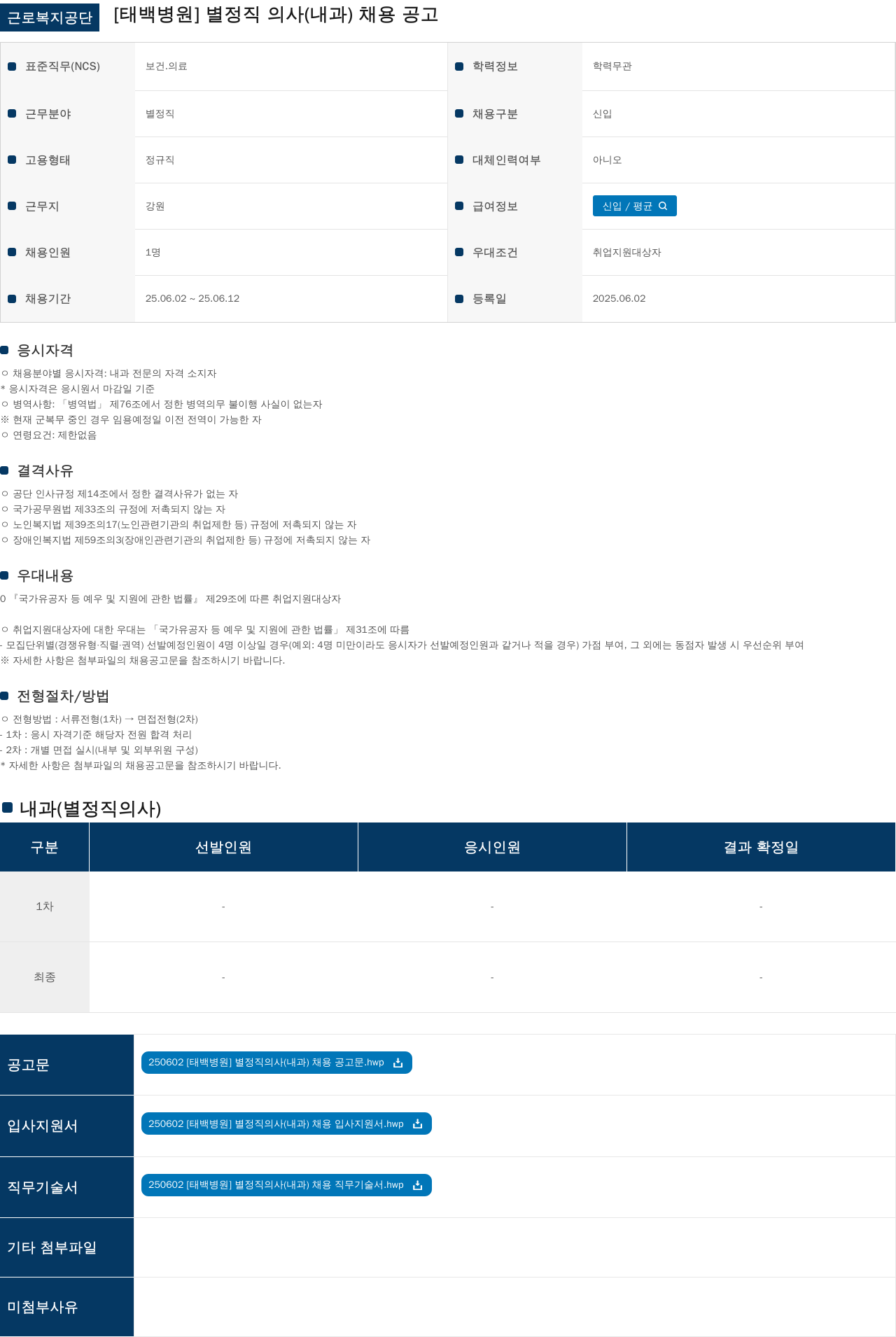 근로복지공단 별정직 의사(내과) 채용 공고 채용공고