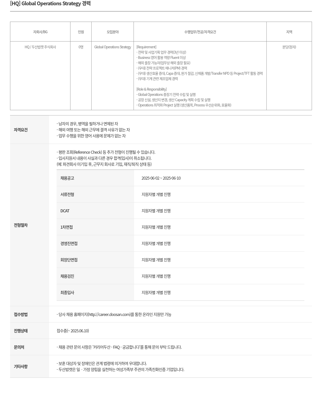 두산밥캣 [HQ] Global Operations Strategy 채용공고