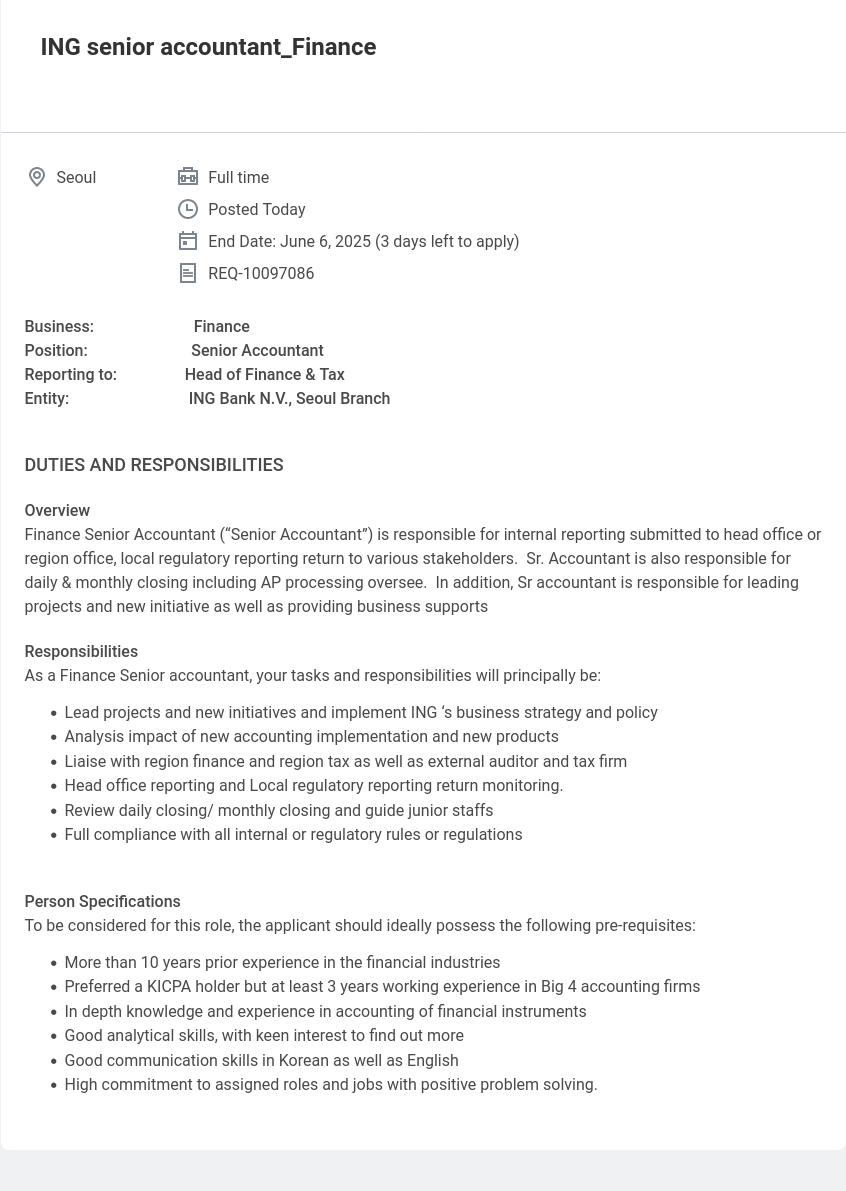 ING ING Senior Accountant Finance 채용공고