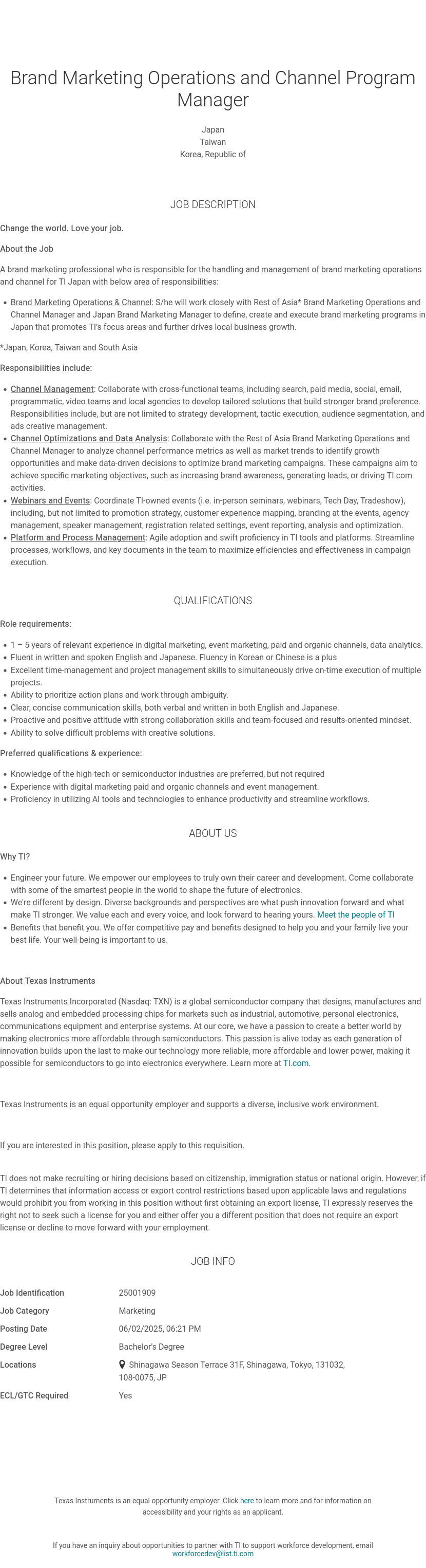 텍사스인스트루먼트코리아 Brand Marketing Operations and Channel Program Manager 채용공고