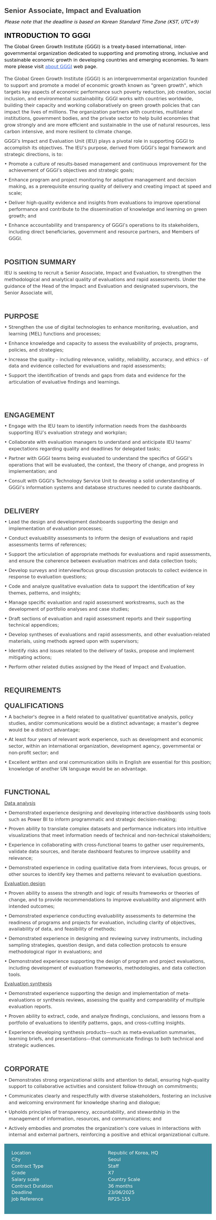글로벌녹색성장기구 Senior Associate, Impact and Evaluation 채용공고