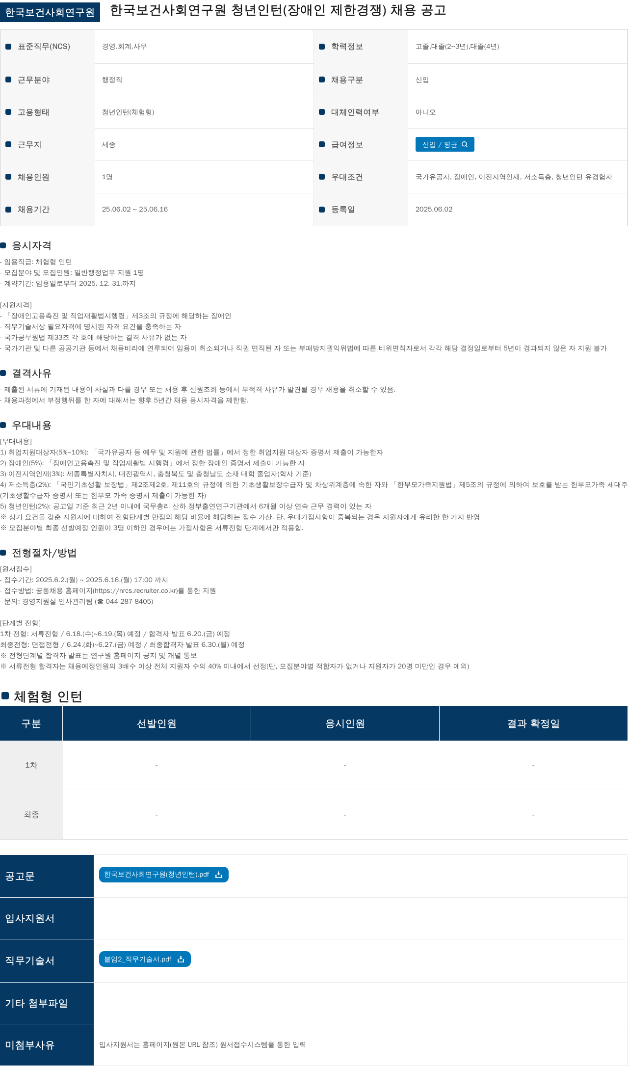 한국보건사회연구원 한국보건사회연구원 청년 인턴(장애인 제한경쟁) 채용 공고 채용공고