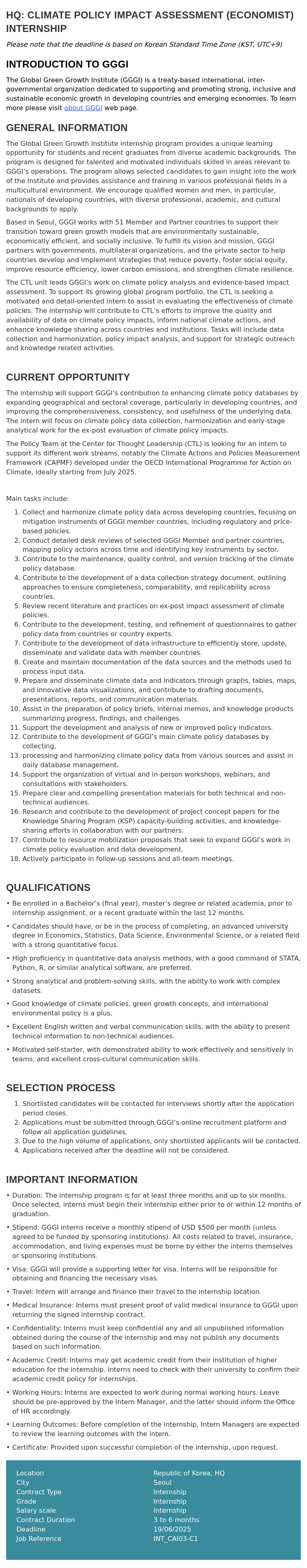 글로벌녹색성장기구 HQ : CLIMATE POLICY IMPACT ASSESSMENT (ECONOMIST) INTERNSHIP 채용공고