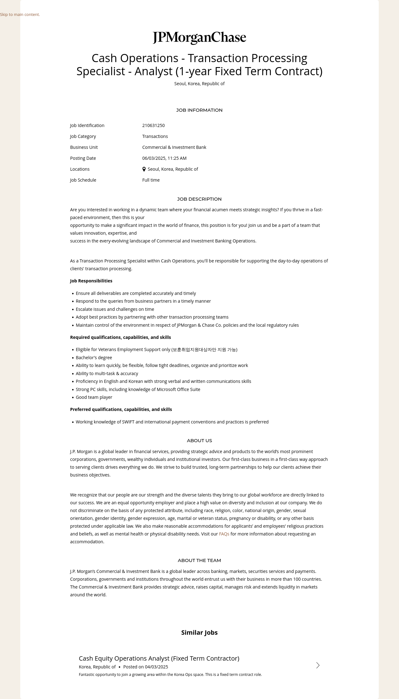 JPMorganChase Cash Operations - Transaction Processing Specialist Analyst (1-year Fixed Term Contract) 채용공고