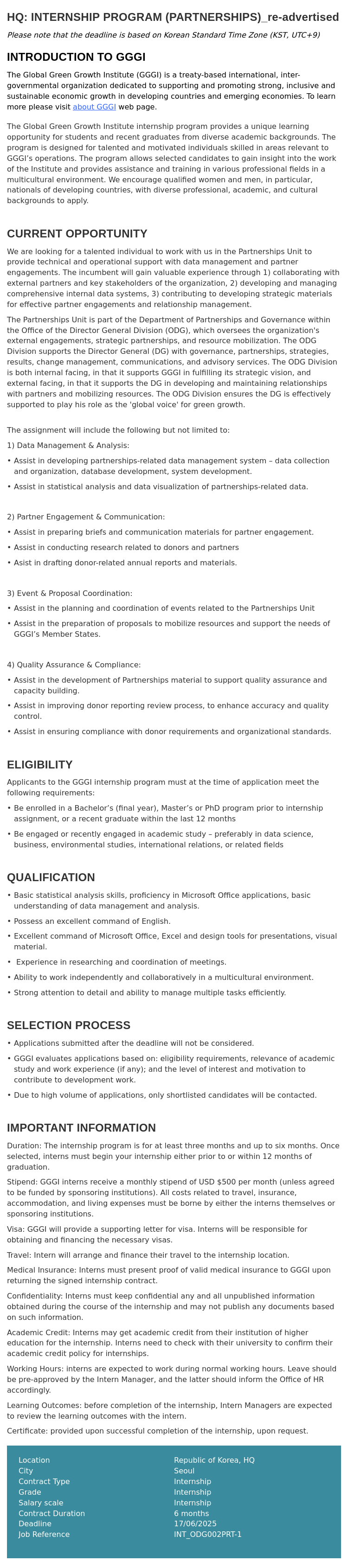 글로벌녹색성장기구 HQ : INTERNSHIP PROGRAM (PARTNERSHIPS) _re-advertised 채용공고