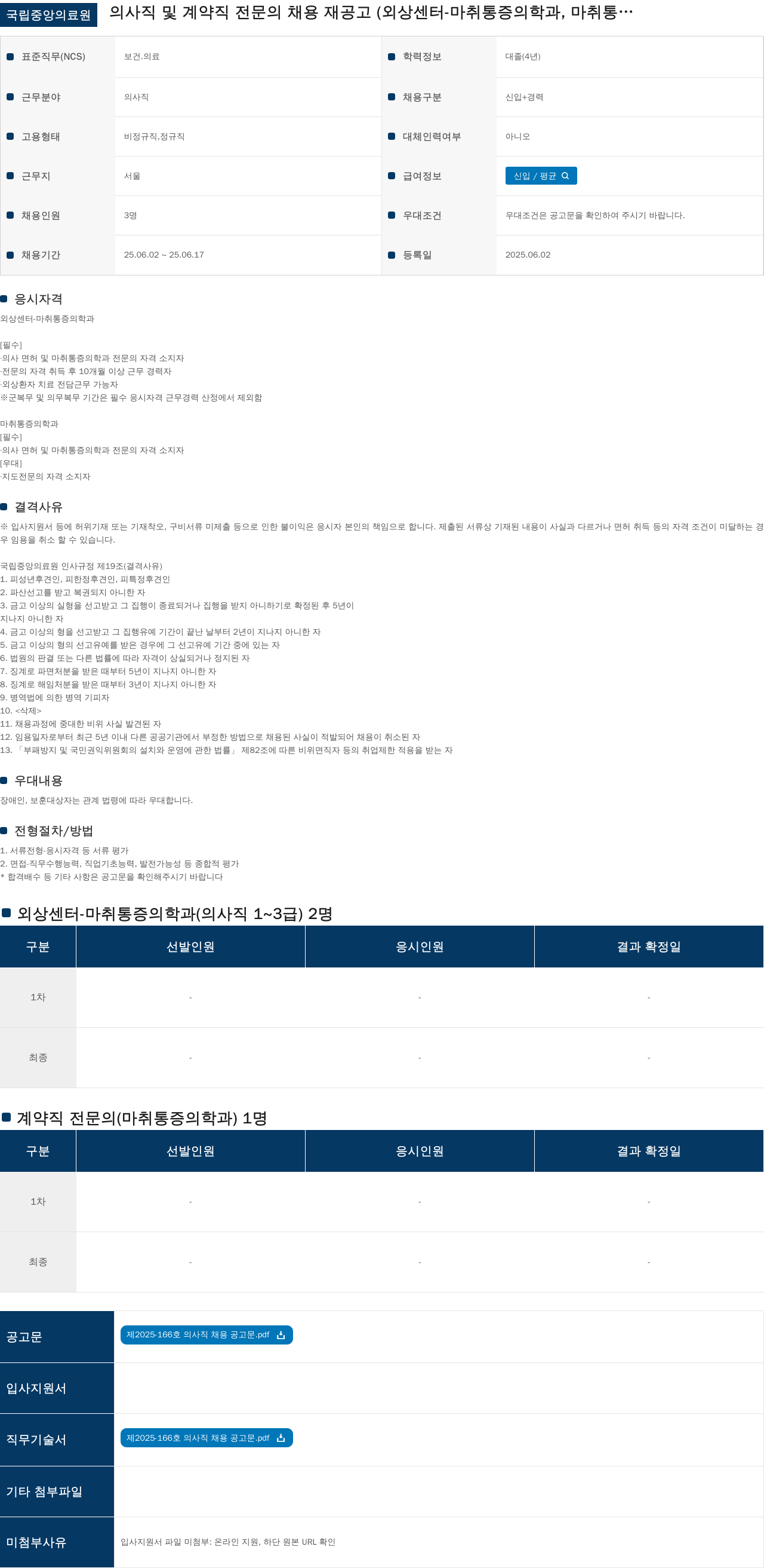 국립중앙의료원 의사직 및 계약직 전문의 채용 재공고 (외상센터-마취통증의학과, 마취통증의학과) 채용공고