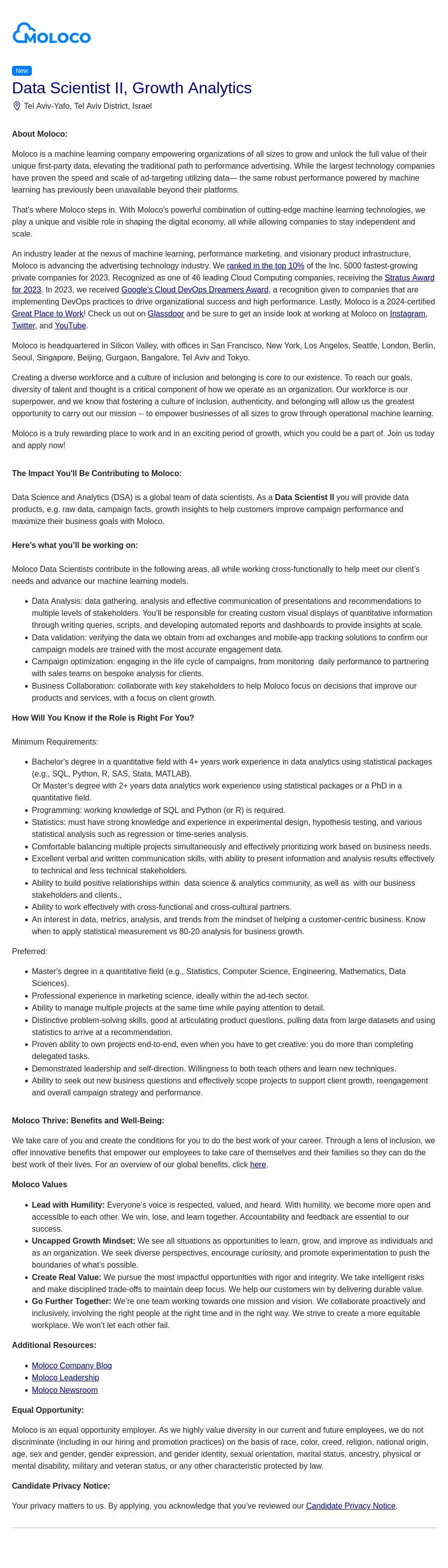 몰로코 Data Scientist II, Growth Analytics 채용공고