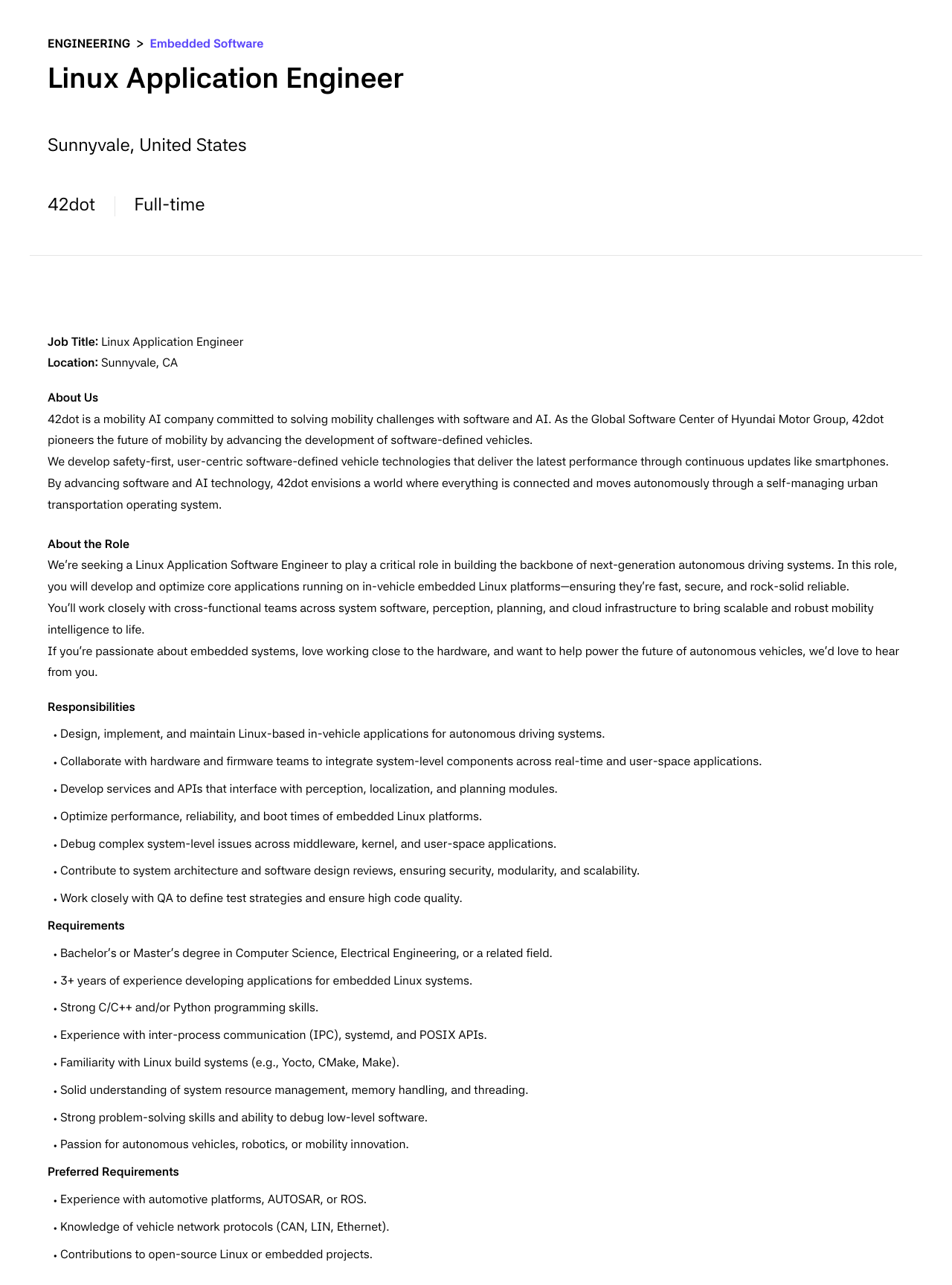 42dot Linux Application Engineer 채용공고