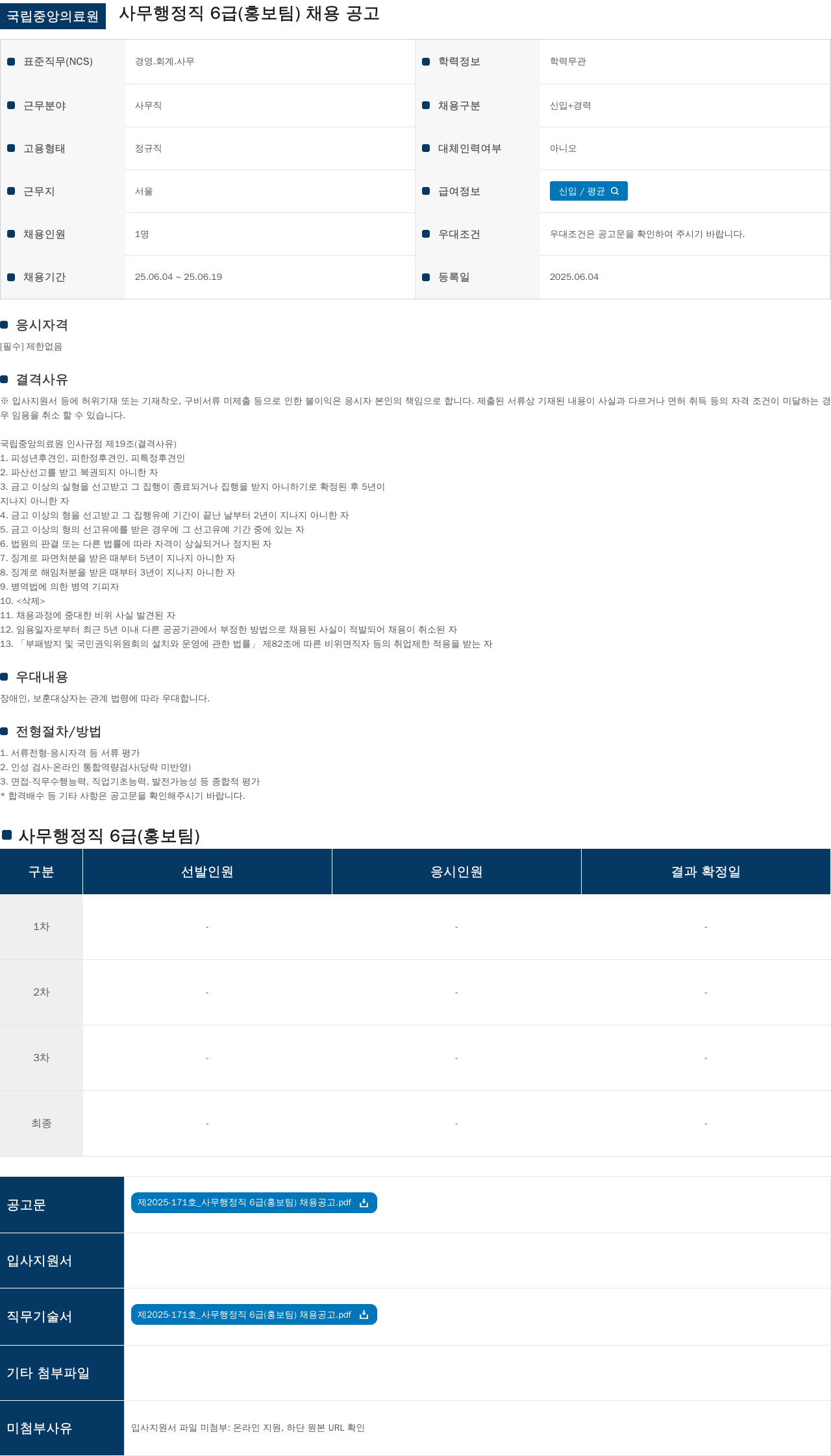 국립중앙의료원 사무 행정직 6급(홍보팀) 채용 공고 채용공고