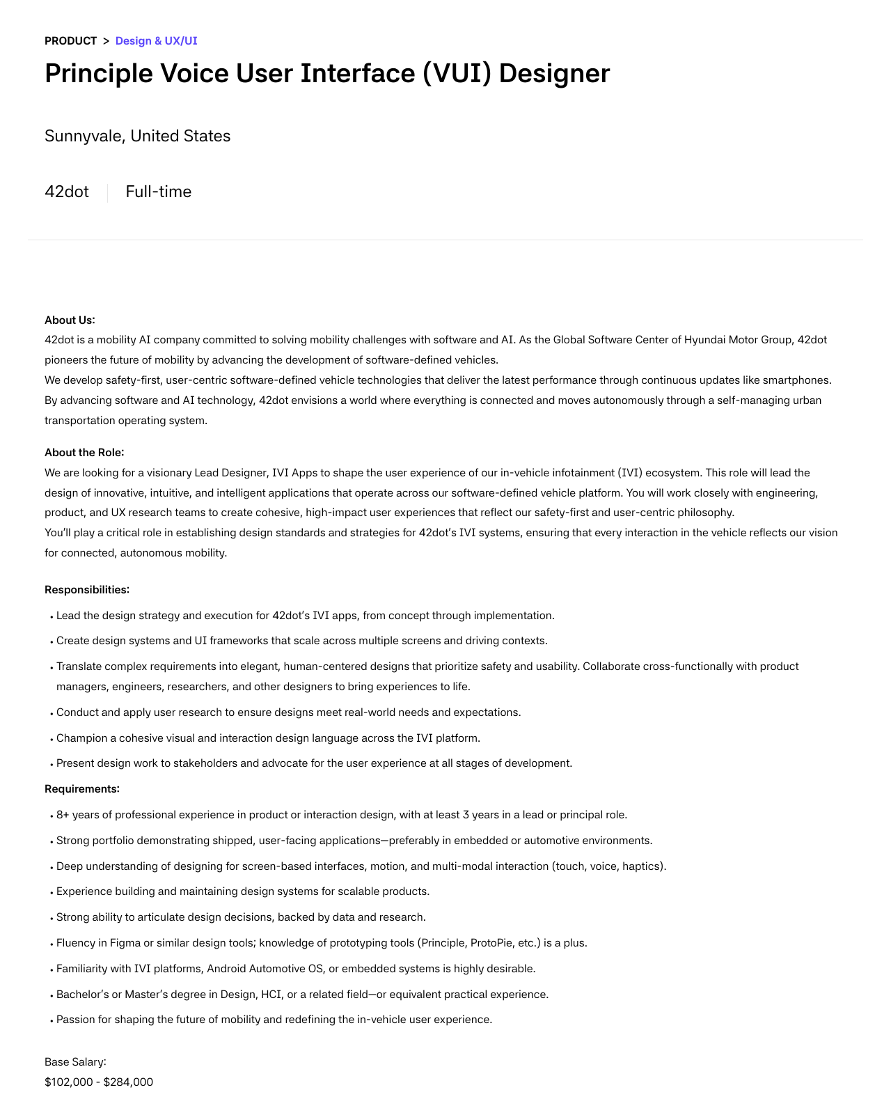 42dot Principle Voice User Interface (VUI) Designer 채용공고