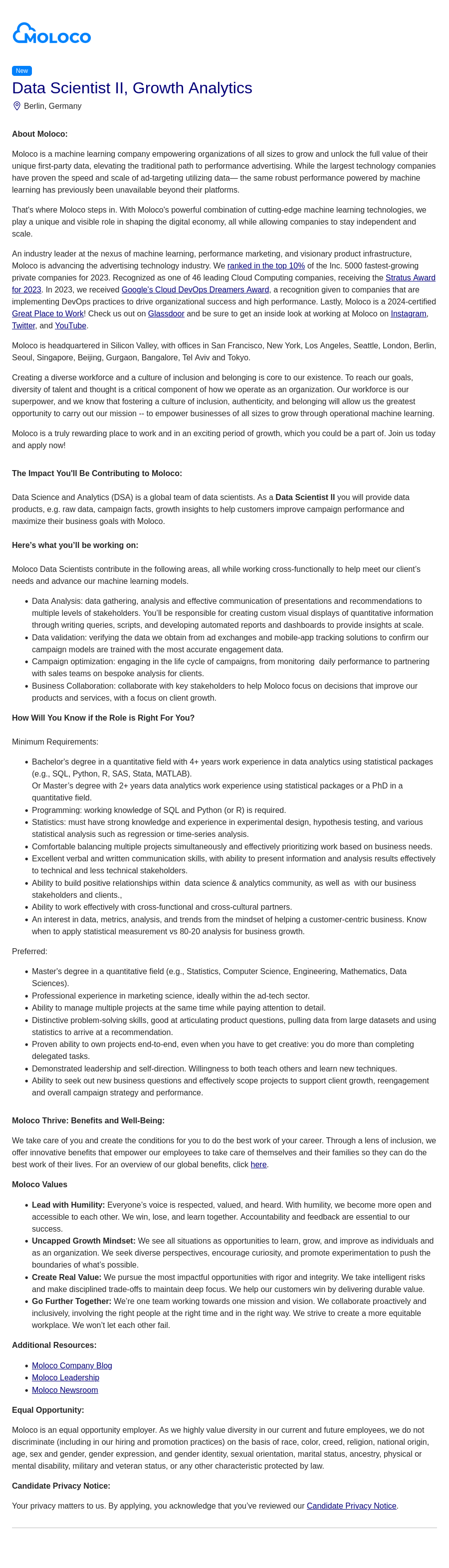 몰로코 Data Scientist II, Growth Analytics 채용공고