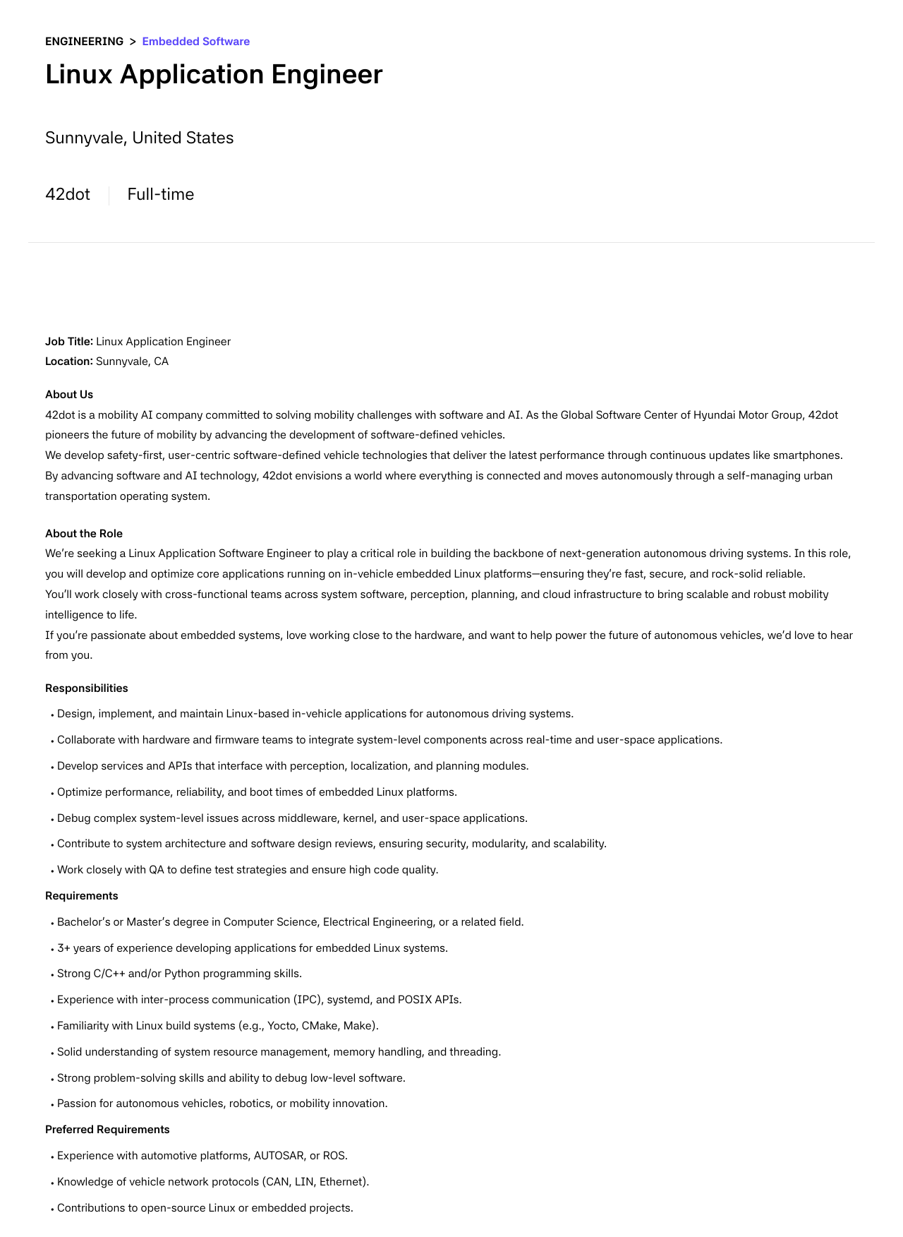 42dot Linux Application Engineer 채용공고