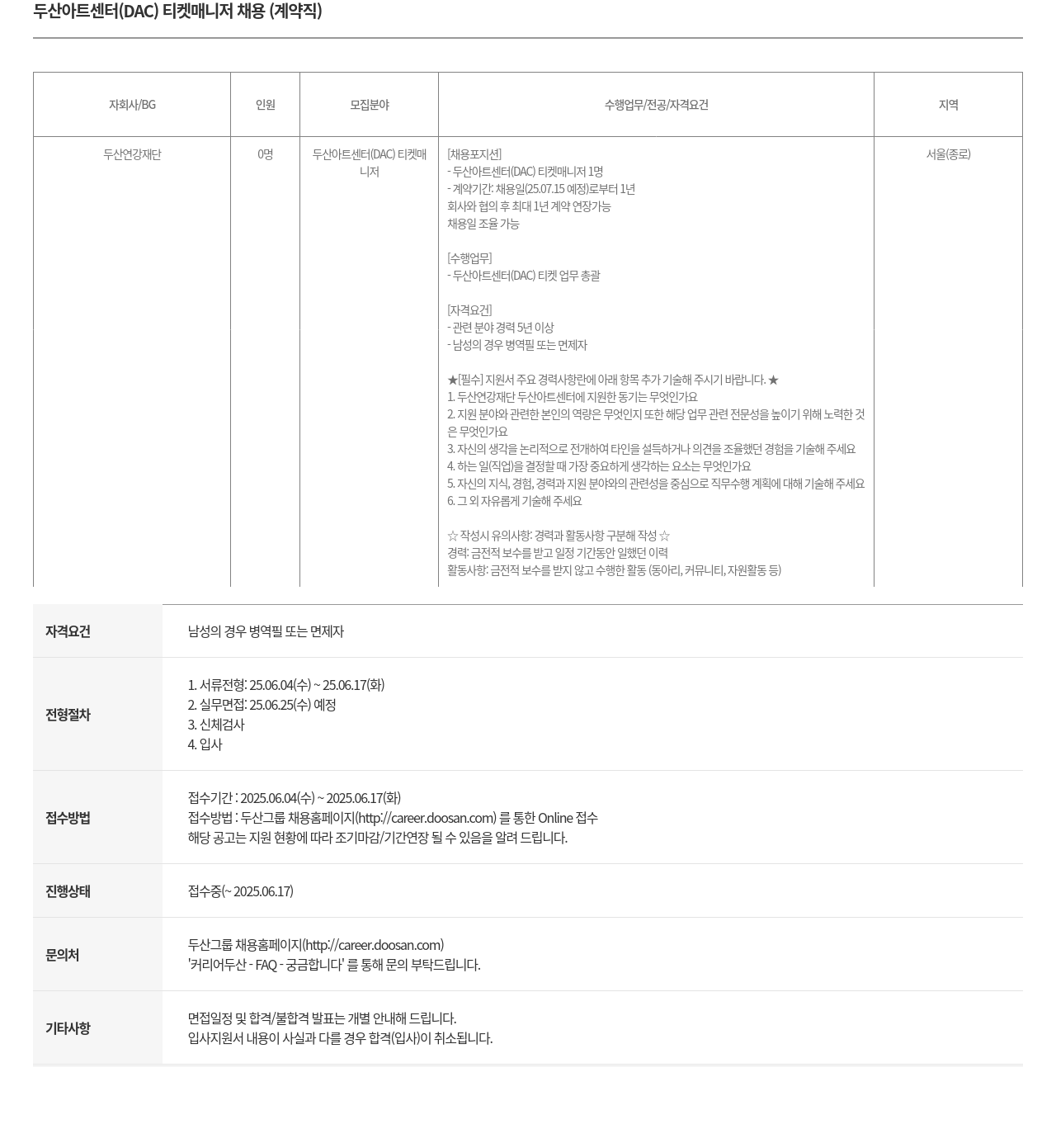 두산연강재단 두산 아트 센터 (DAC) 티켓 매니저 채용 (계약직) 채용공고