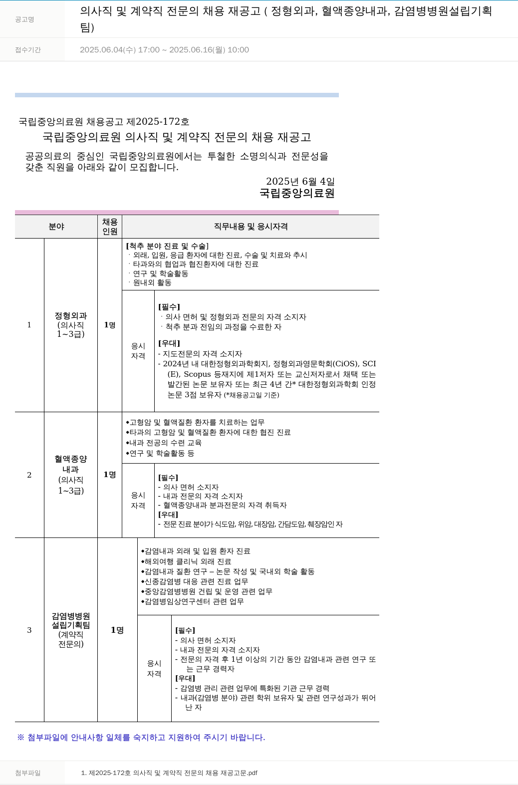 국립중앙의료원 의사직 및 계약직 전문의 채용 재공고 (정형외과, 혈액종양내과, 감염병 병원 설립 기획팀) 채용공고