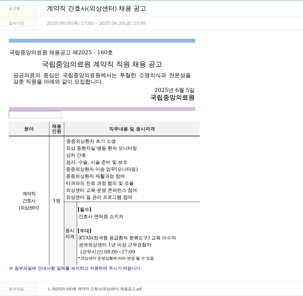 국립중앙의료원 계약직 간호사 (외상 센터) 채용 공고 채용공고