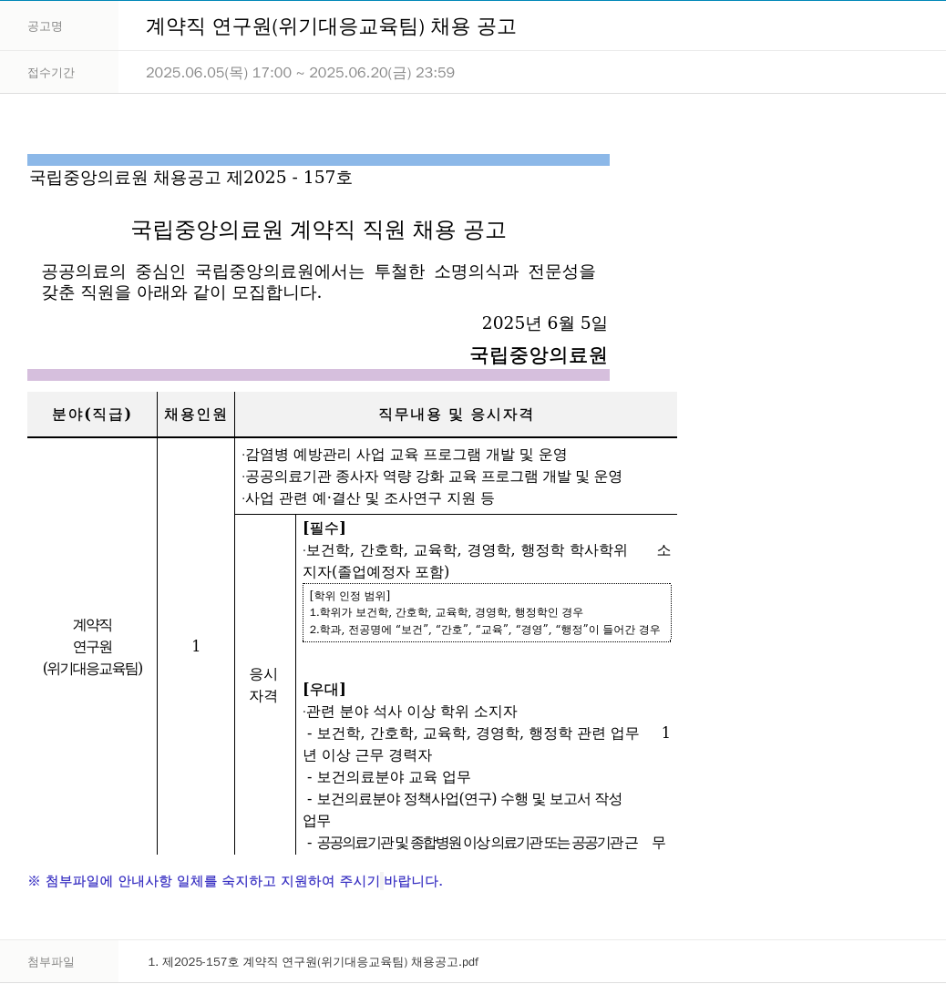 국립중앙의료원 계약직 연구원 (위기 대응 교육 팀) 채용 공고 채용공고