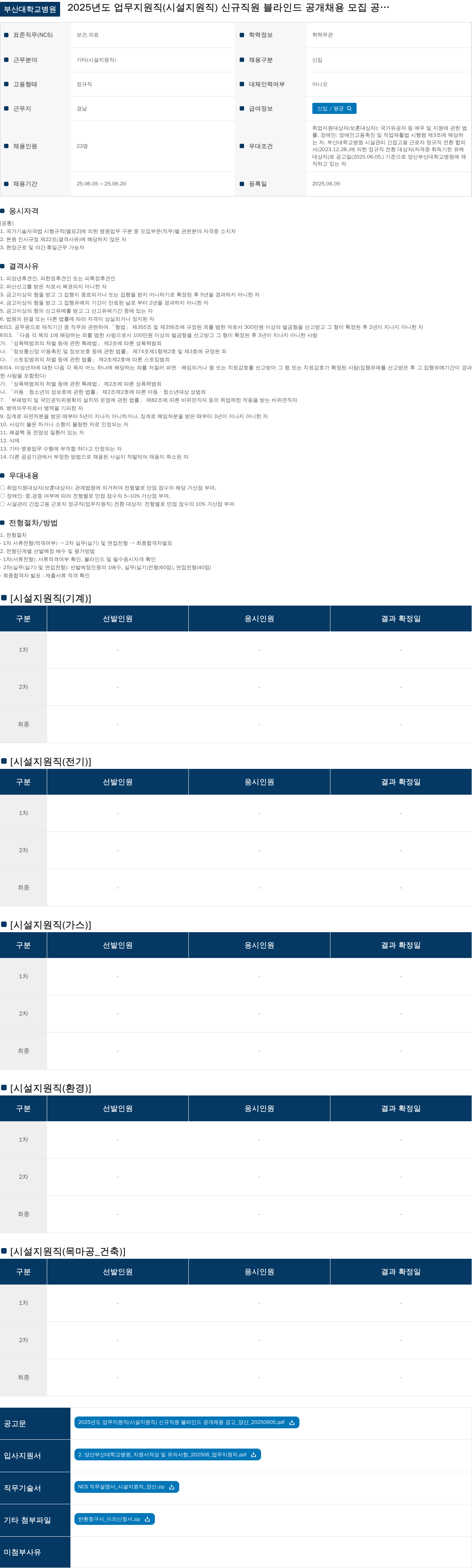 부산대학교병원 2025년도 업무 지원직(시설 지원직) 신규 직원 블라인드 공개 채용 모집 공고 채용공고
