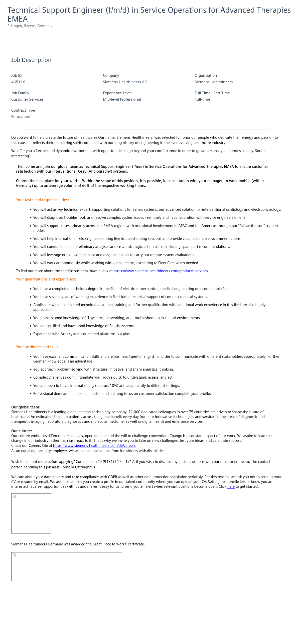 SiemensHealthineers Technical Support Engineer (f/m/d) in Service Operations for Advanced Therapies 채용공고