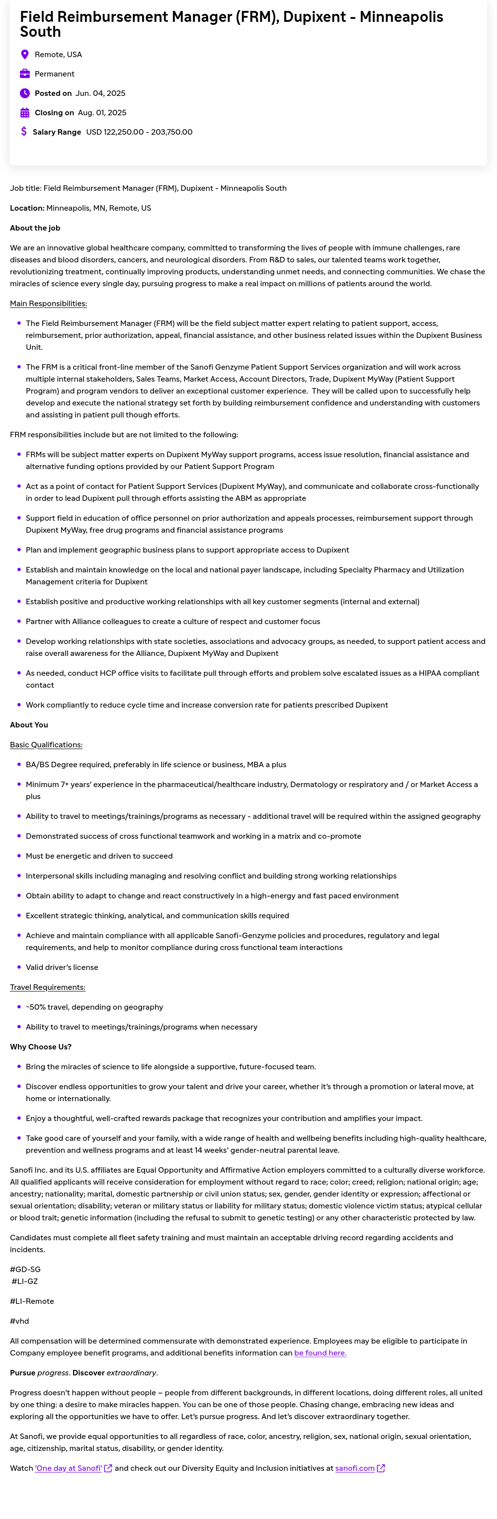 사노피 Field Reimbursement Manager (FRM), Dupixent - Minneapolis South 채용공고