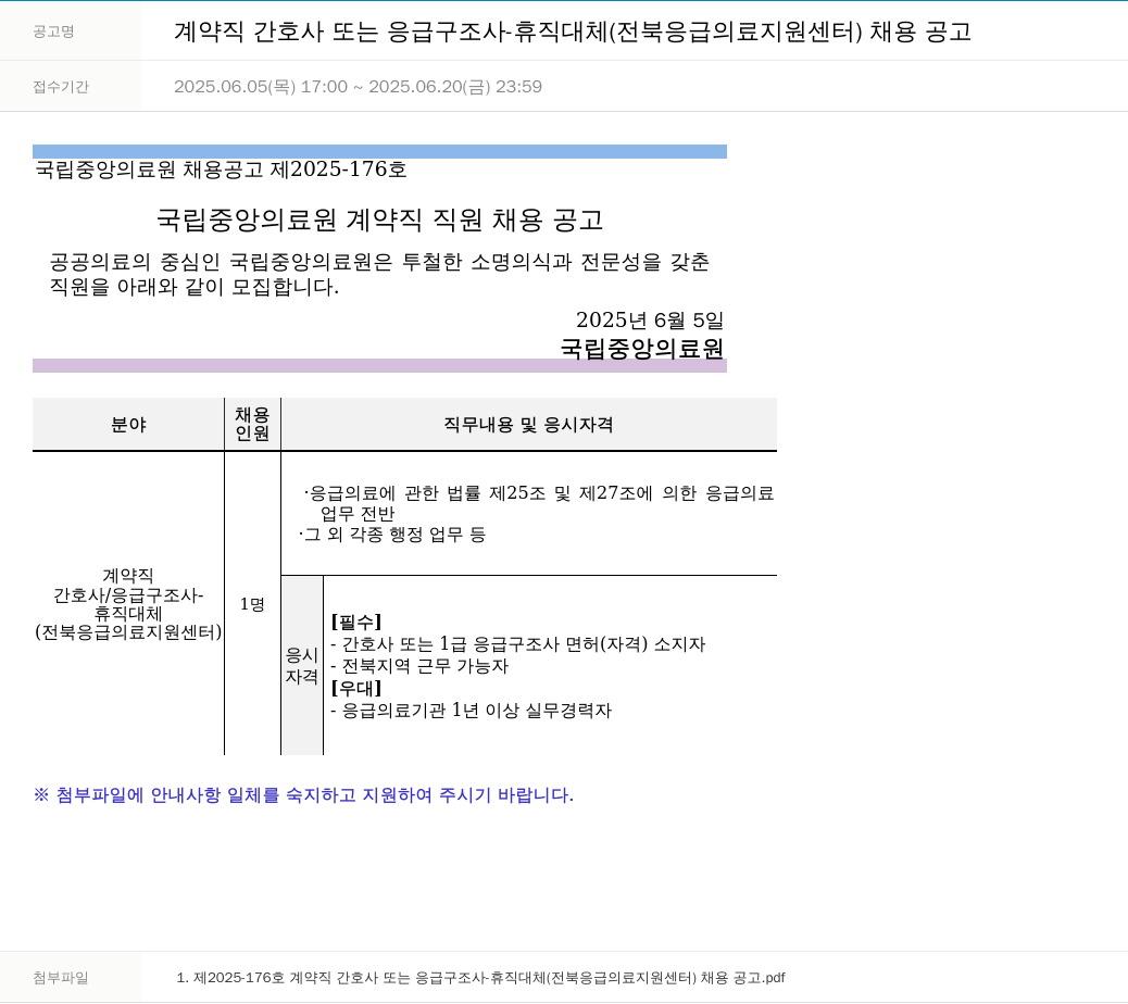 국립중앙의료원 계약직 간호사 또는 응급 구조사 - 휴직 대체 (전북 응급의료지원센터) 채용 공고 채용공고