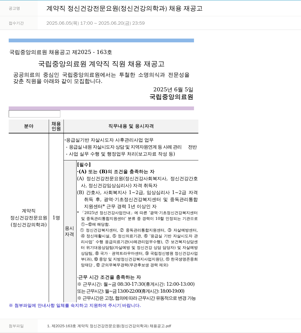 국립중앙의료원 계약직 정신건강전문요원(정신건강의학과) 채용 재공고 채용공고