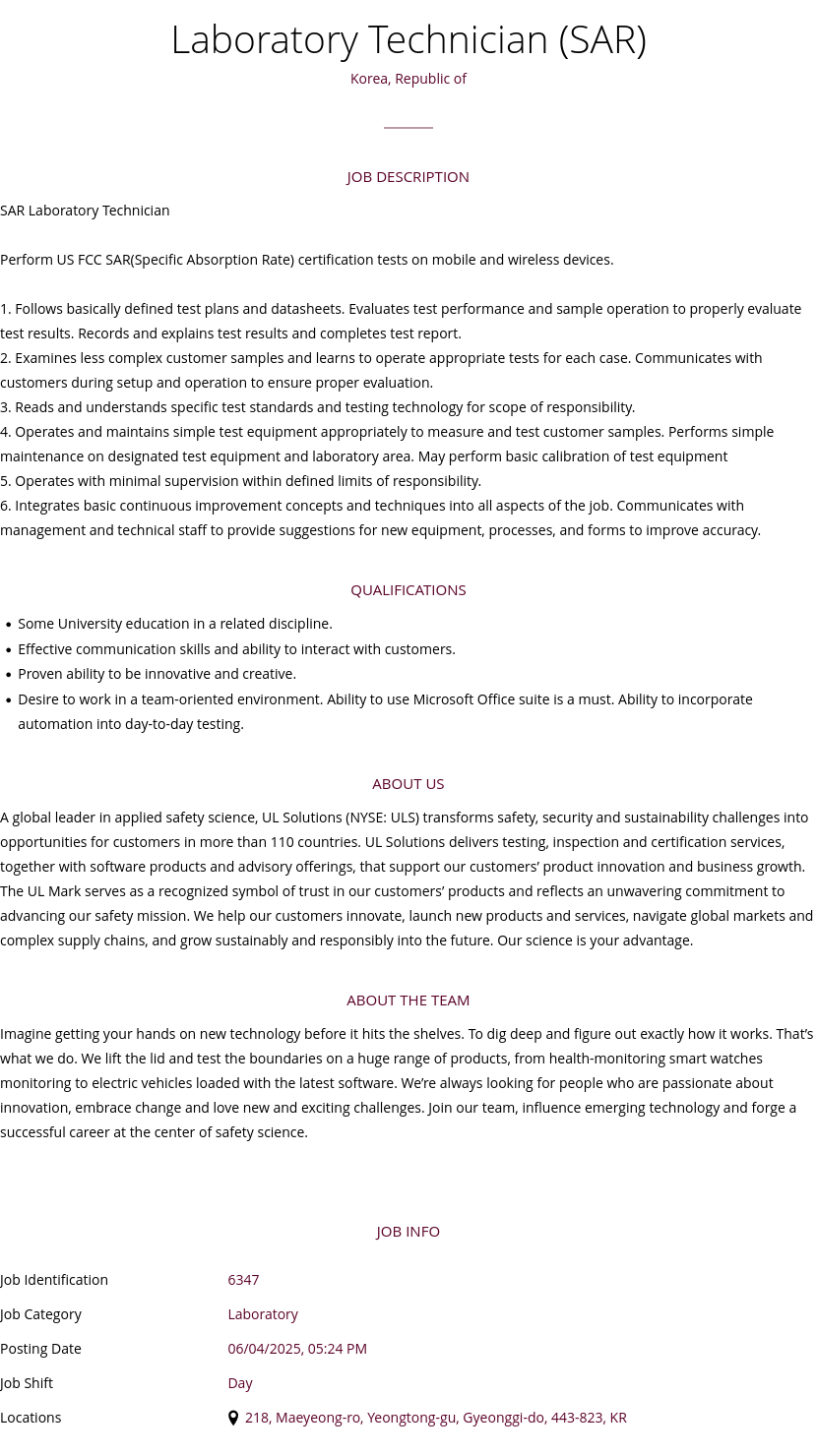 UL Solutions Laboratory Technician (SAR) 채용공고
