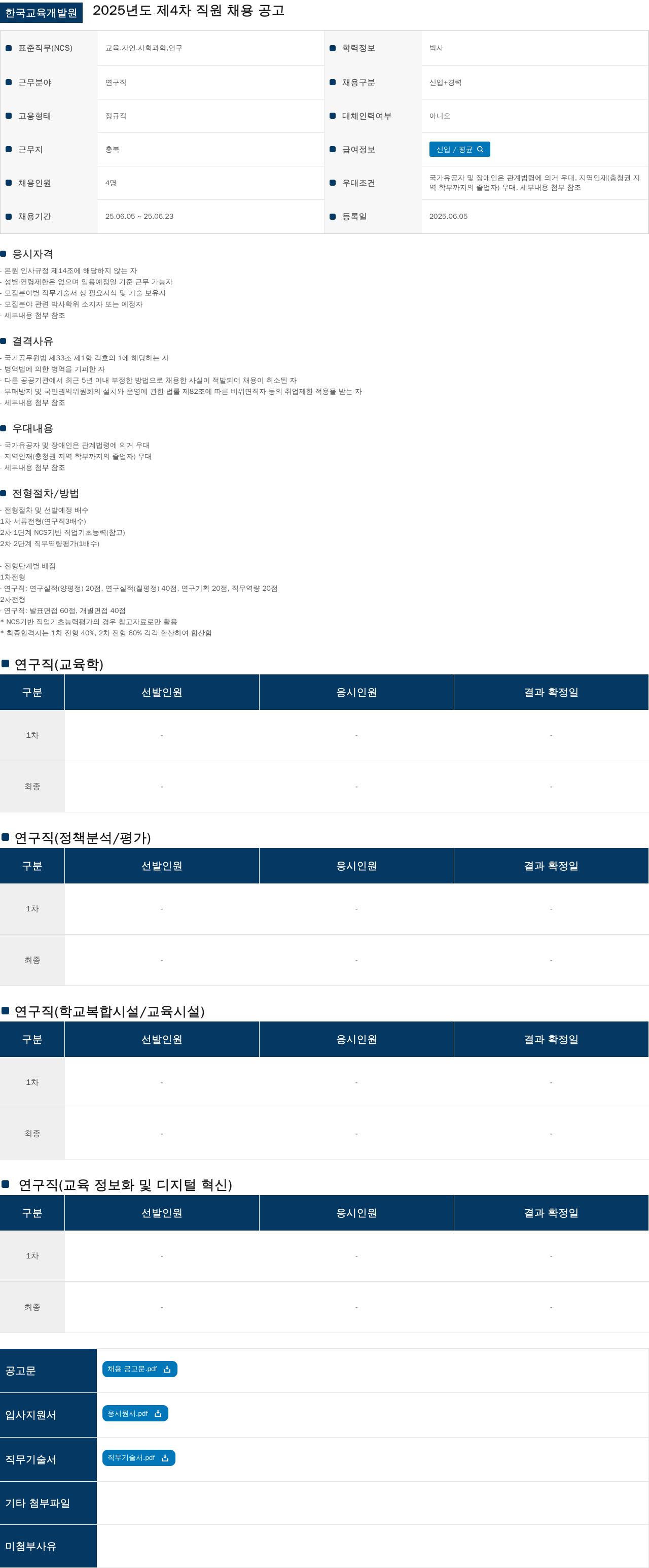 한국교육개발원 2025년도 제4차 직원 채용 공고 채용공고