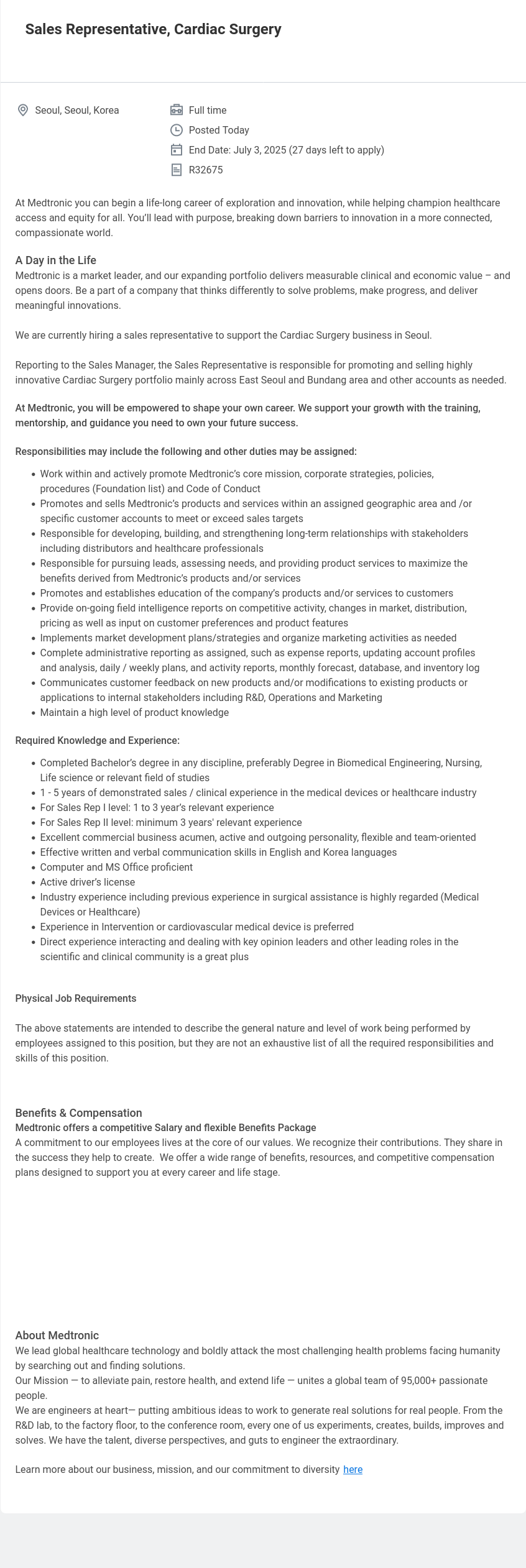 메드트로닉 Sales Representative, Cardiac Surgery 채용공고
