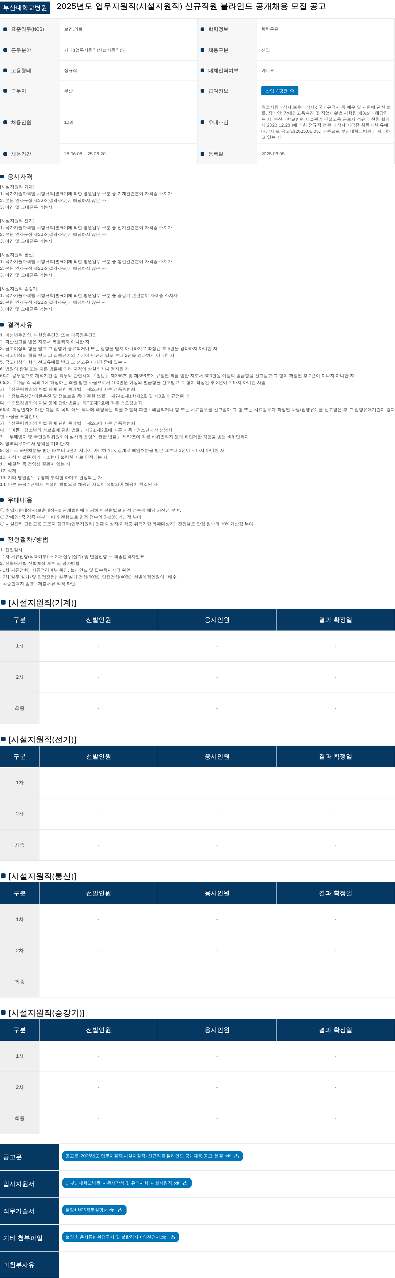 부산대학교병원 2025년도 업무 지원직(시설 지원직) 신규 직원 블라인드 공개 채용 모집 공고 채용공고