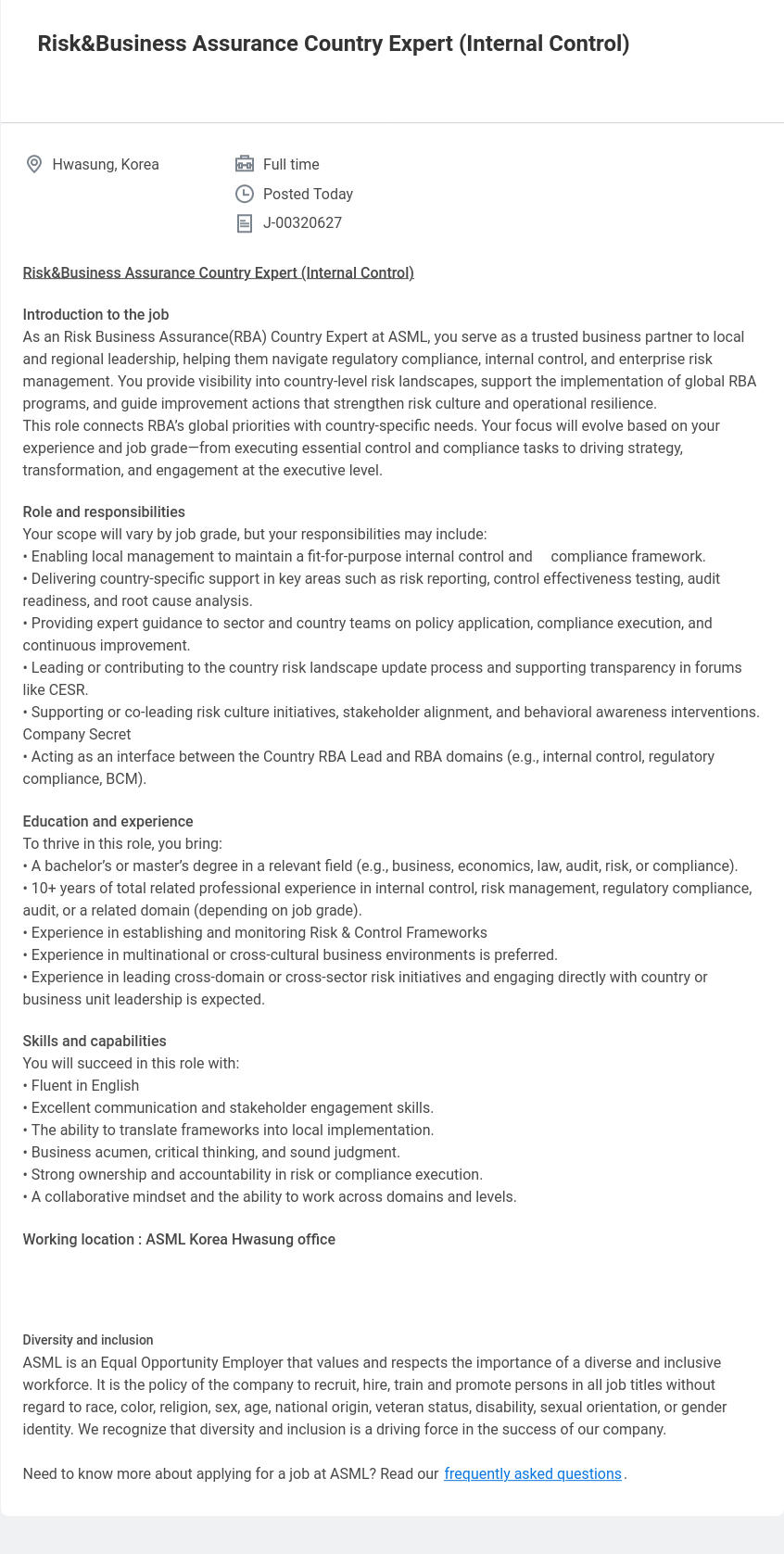 ASML Risk & Business Assurance Country Expert (Internal Control) 채용공고