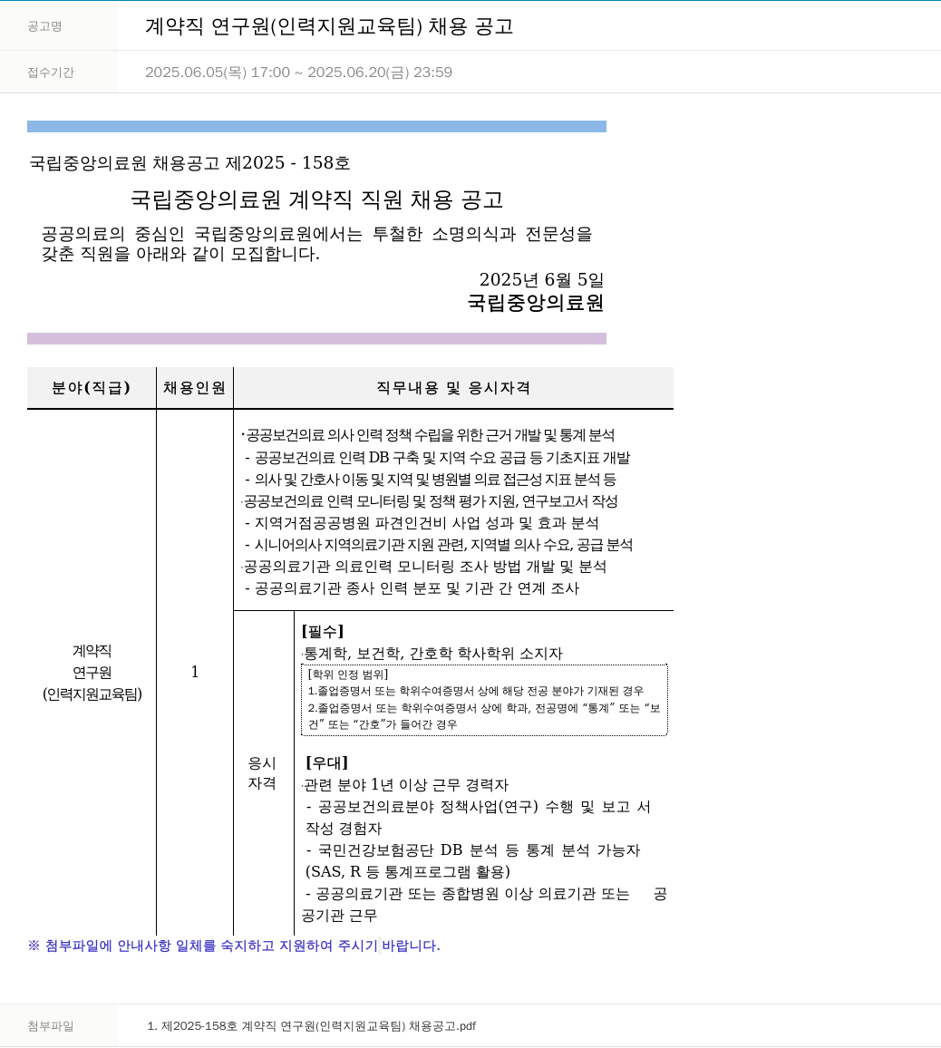 국립중앙의료원 계약직 연구원 (인력 지원 교육 팀) 채용 공고 채용공고