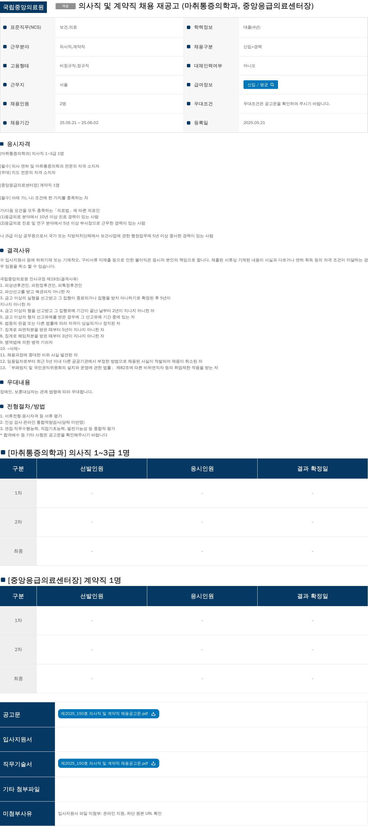 국립중앙의료원 의사직 및 계약직 채용 재공고 (마취통증의학과, 중앙응급의료센터장) 채용공고