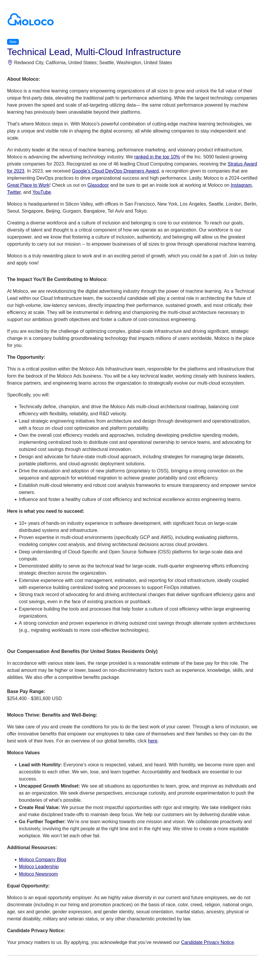 몰로코 Technical Lead, Multi-Cloud Infrastructure 채용공고