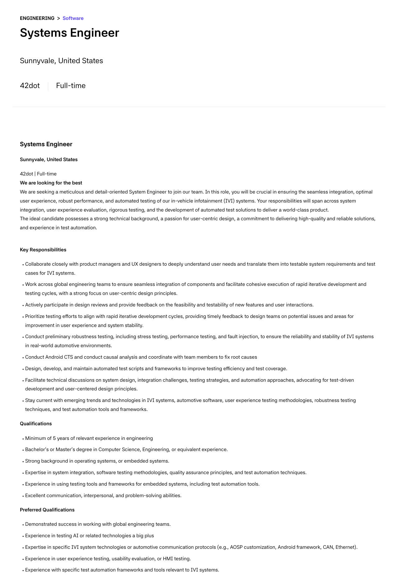 42dot Systems Engineer (IVI Systems) 채용공고