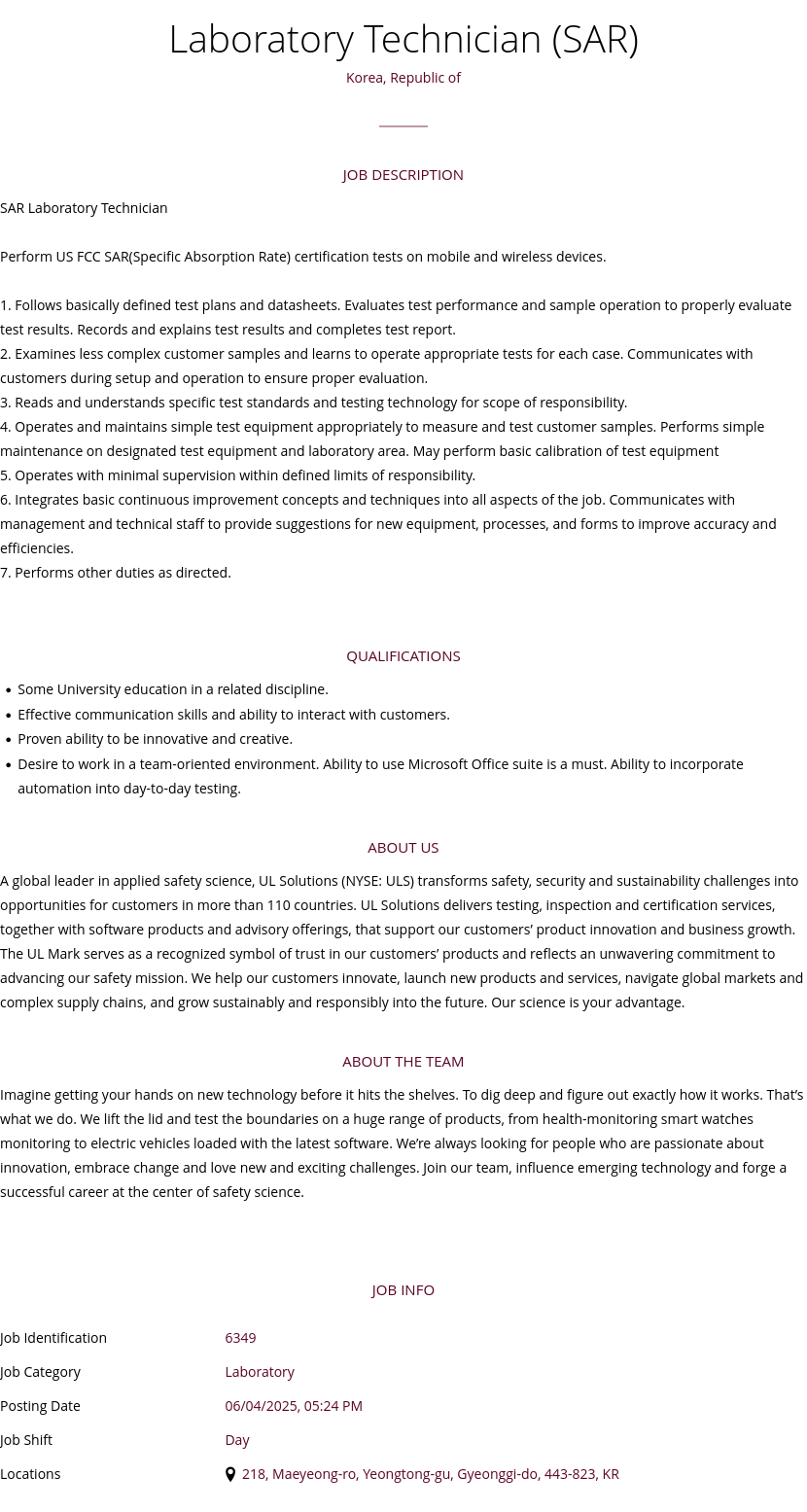 UL Solutions Laboratory Technician (SAR) 채용공고