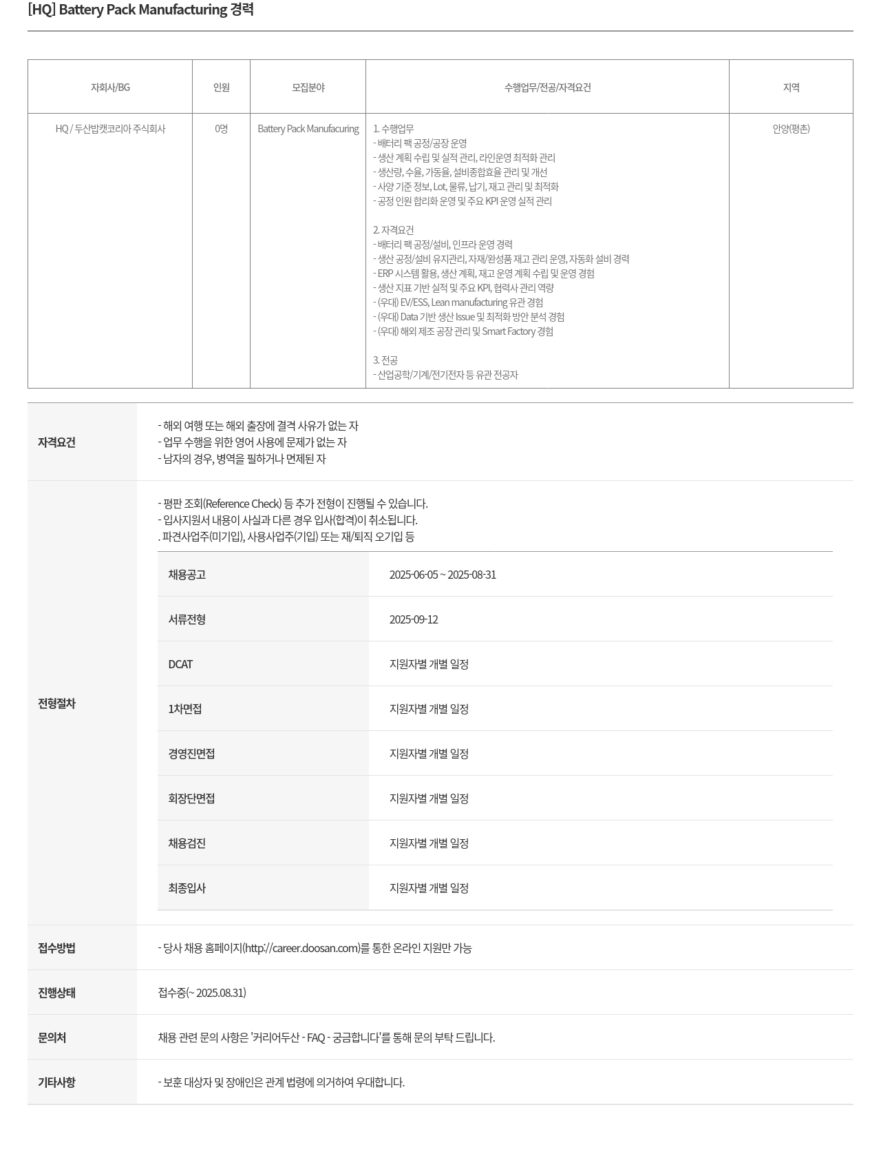 두산밥캣 [HQ] Battery Pack Manufacturing 경력 채용공고