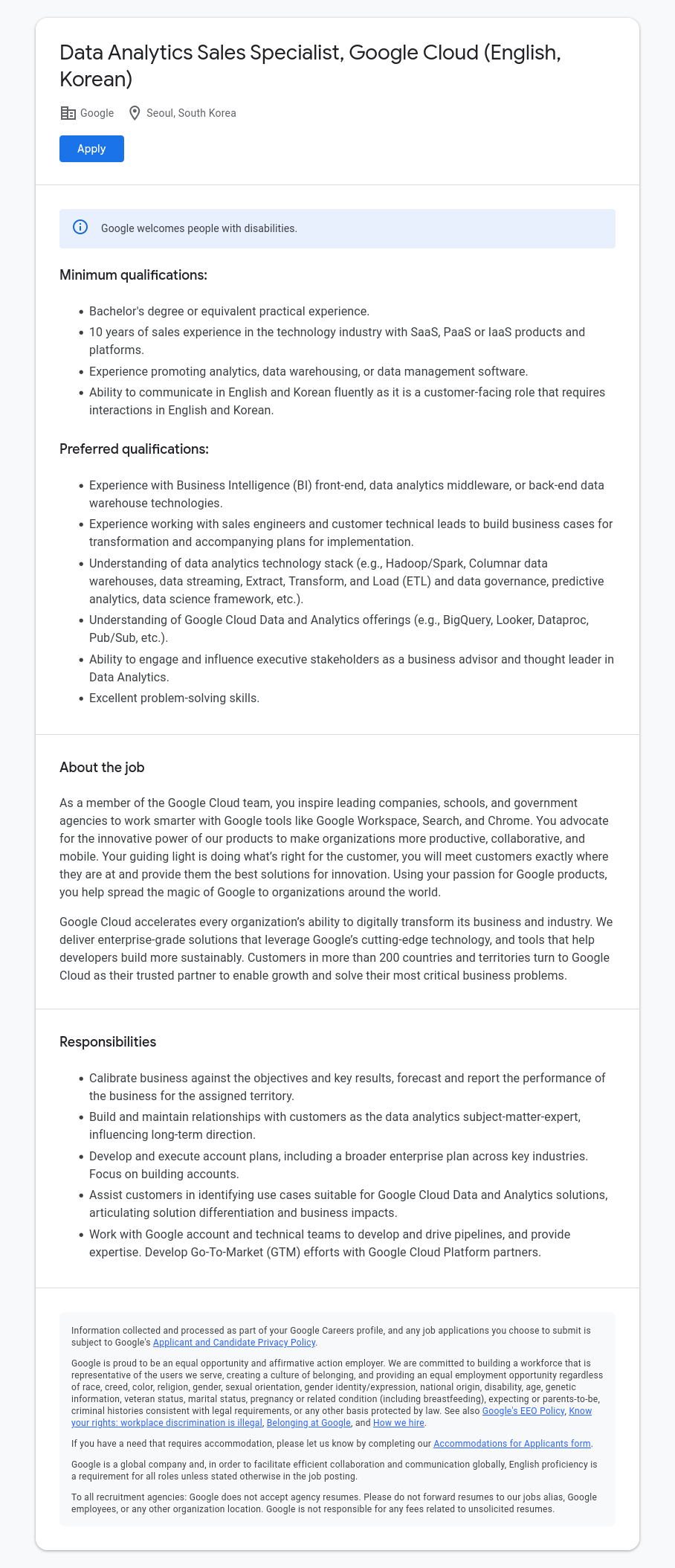 구글(Google) Data Analytics Sales Specialist, Google Cloud (English, Korean) 채용공고