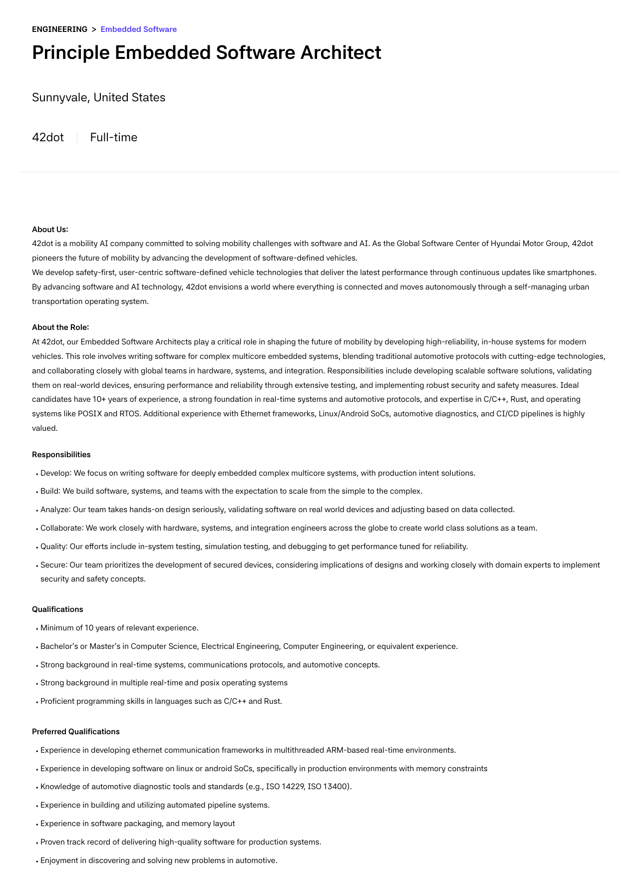 42dot Principle Embedded Software Architect 채용공고