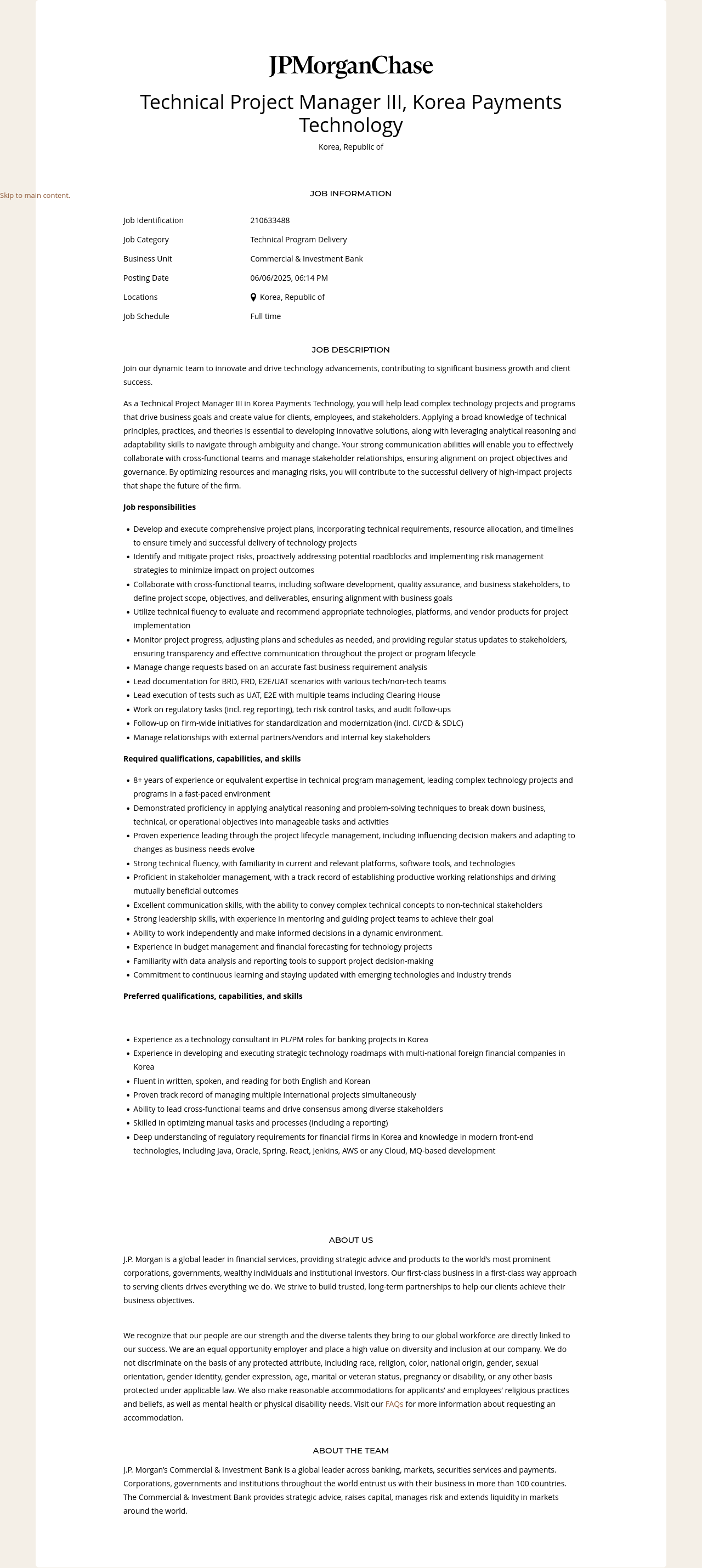 JPMorganChase Technical Project Manager III, Korea Payments Technology 채용공고