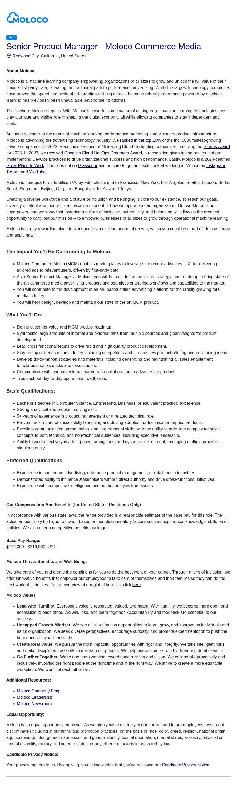 몰로코 Senior Product Manager - Moloco Commerce Media 채용공고