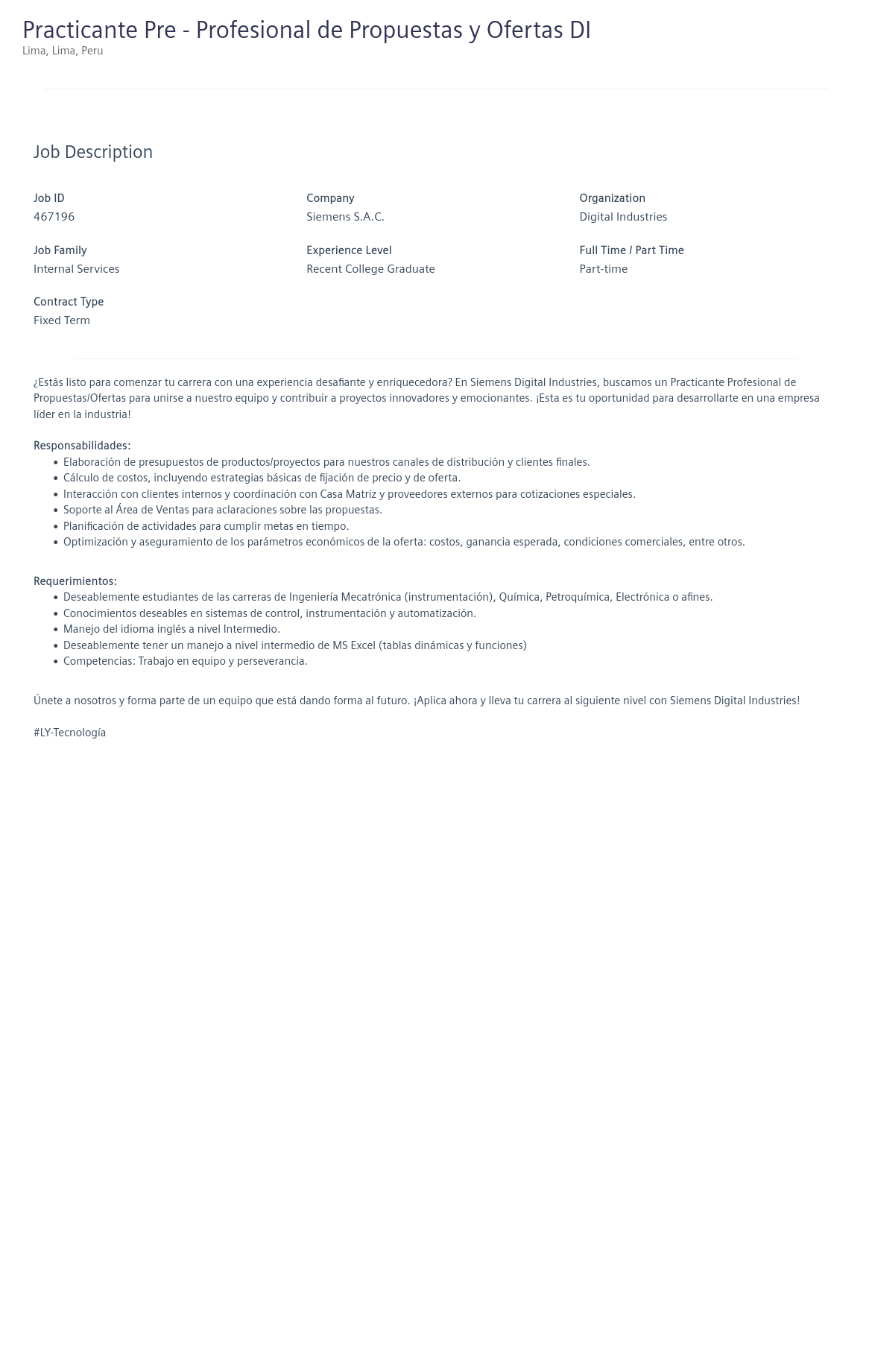 지멘스 Practicante Pre - Profesional de Propuestas y Ofertas DI 채용공고