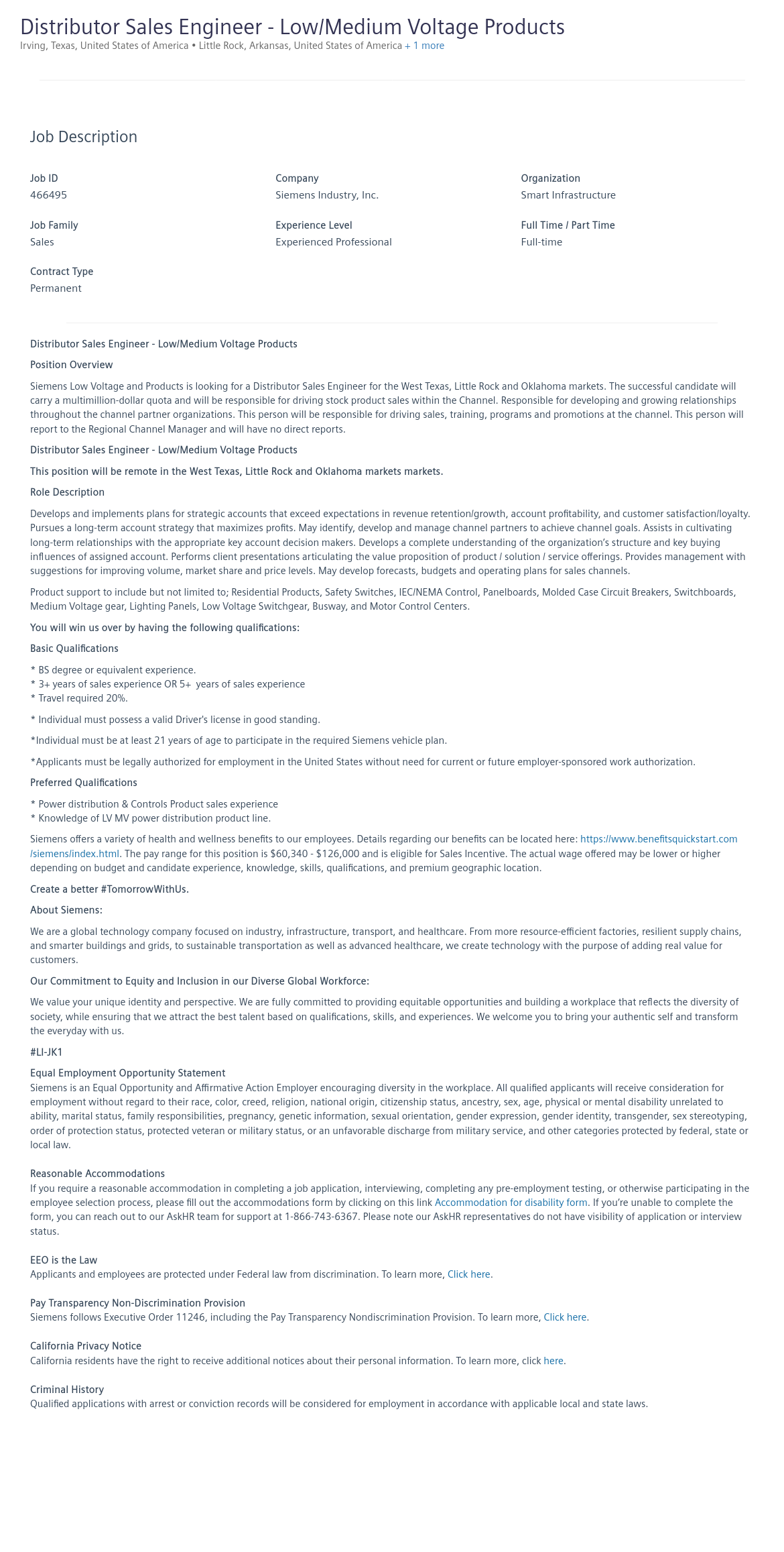 지멘스 Distributor Sales Engineer - Low / Medium Voltage Products 채용공고