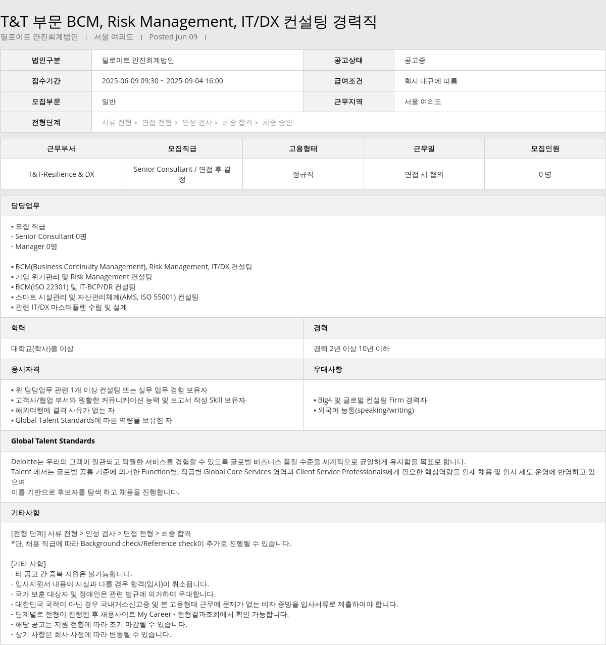 딜로이트안진 T & T 부문 BCM, Risk Management, IT / DX 컨설팅 경력직 채용공고